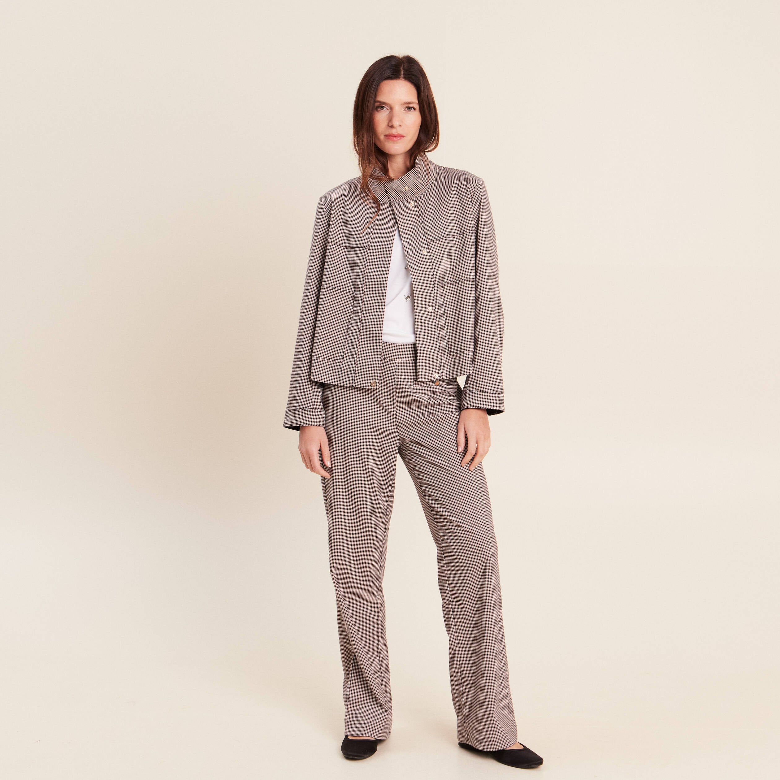 Veste col montant doubl&eacute;e marron femme