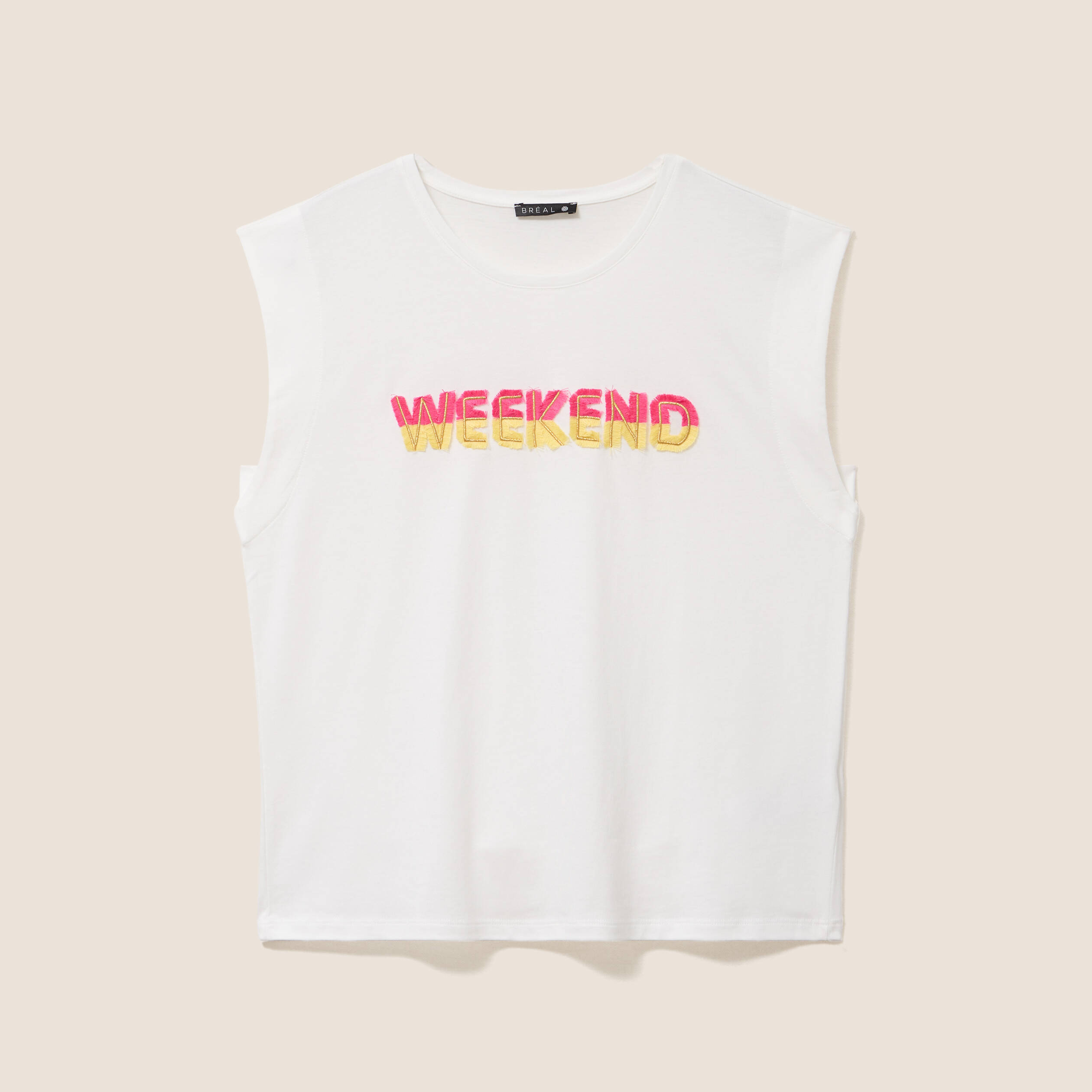 T-shirt col rond sans manches ecru femme