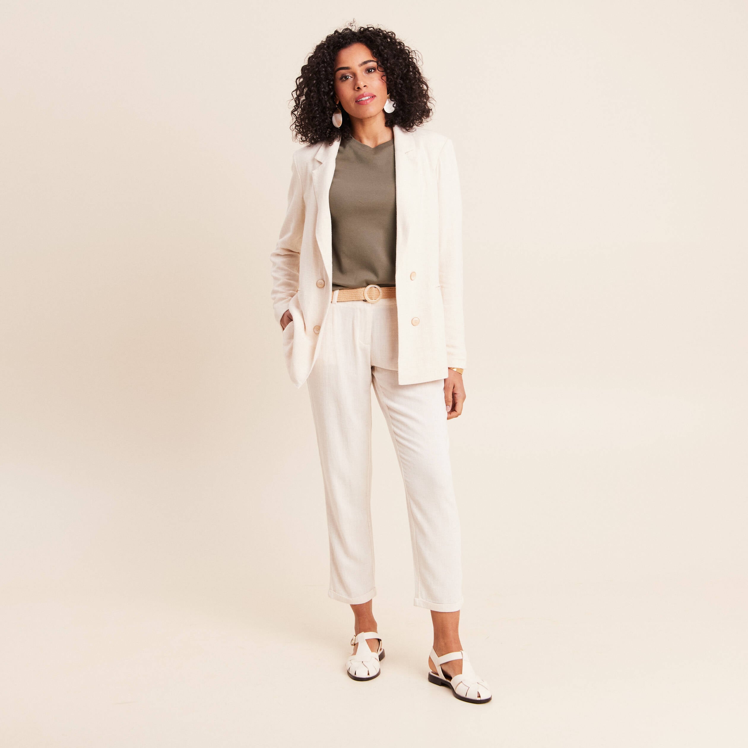 Pantalon large 7/8&egrave;me taille bascul&eacute;e beige femme