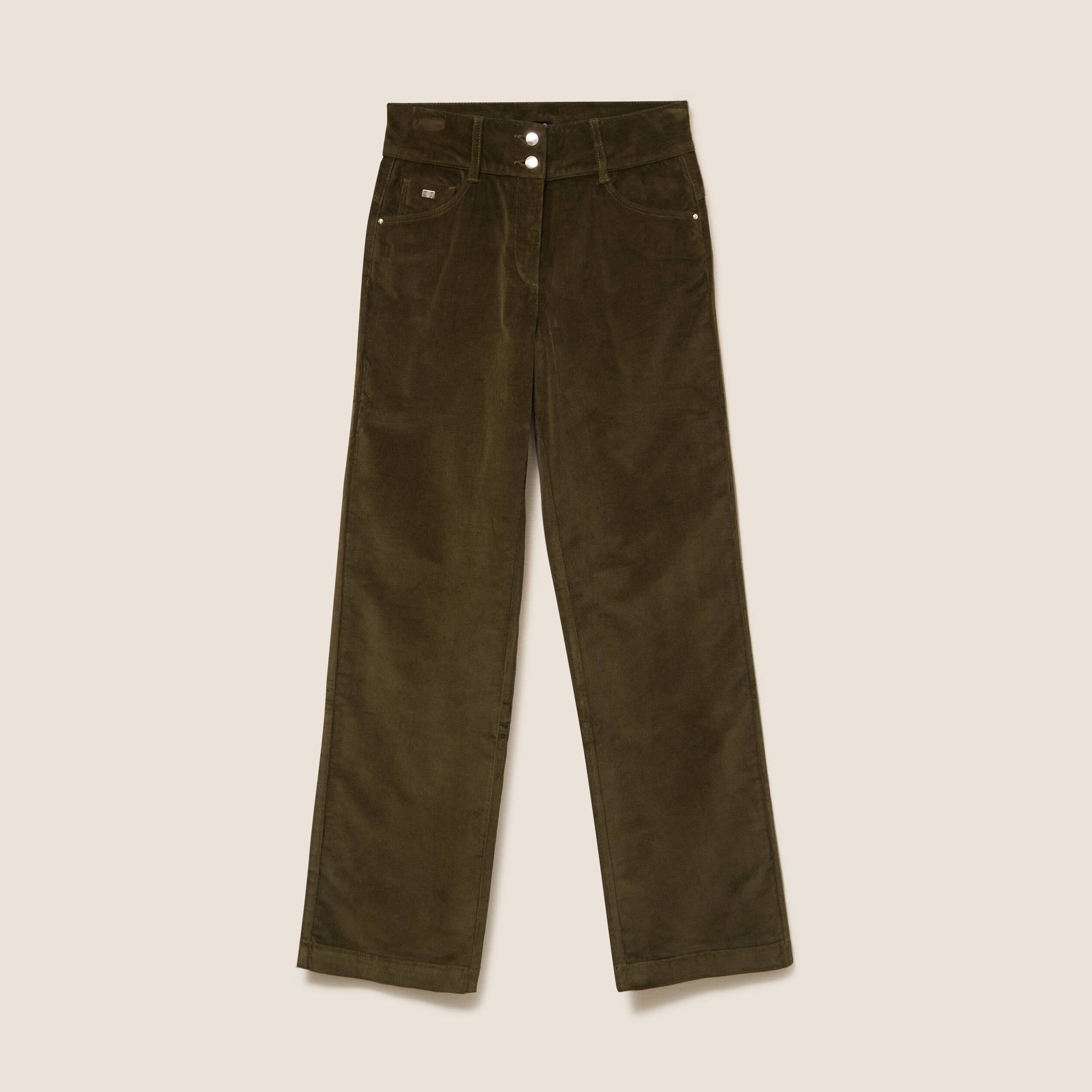 Pantalon taille haute en velours vert kaki femme