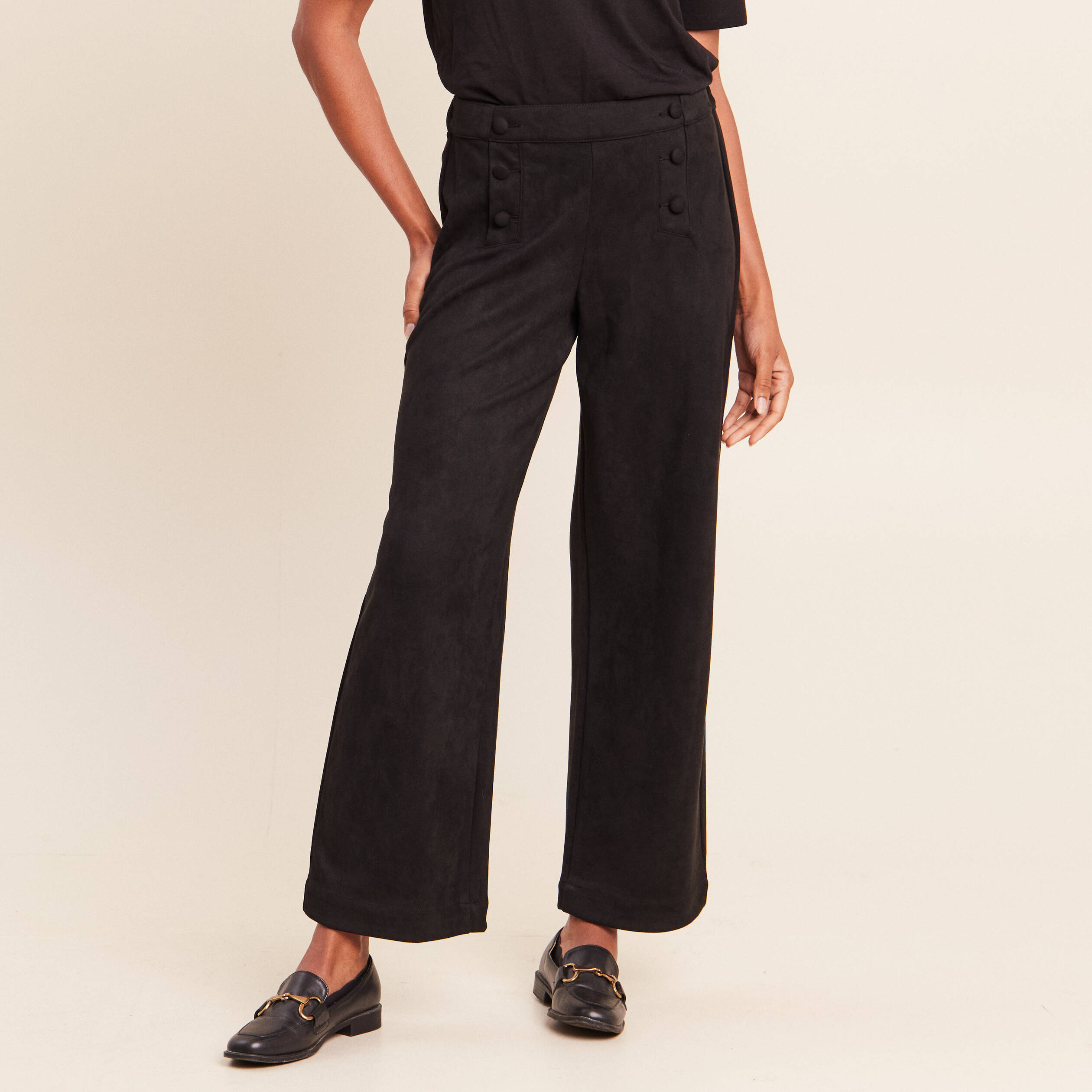 Pantalon aspect daim noir femme