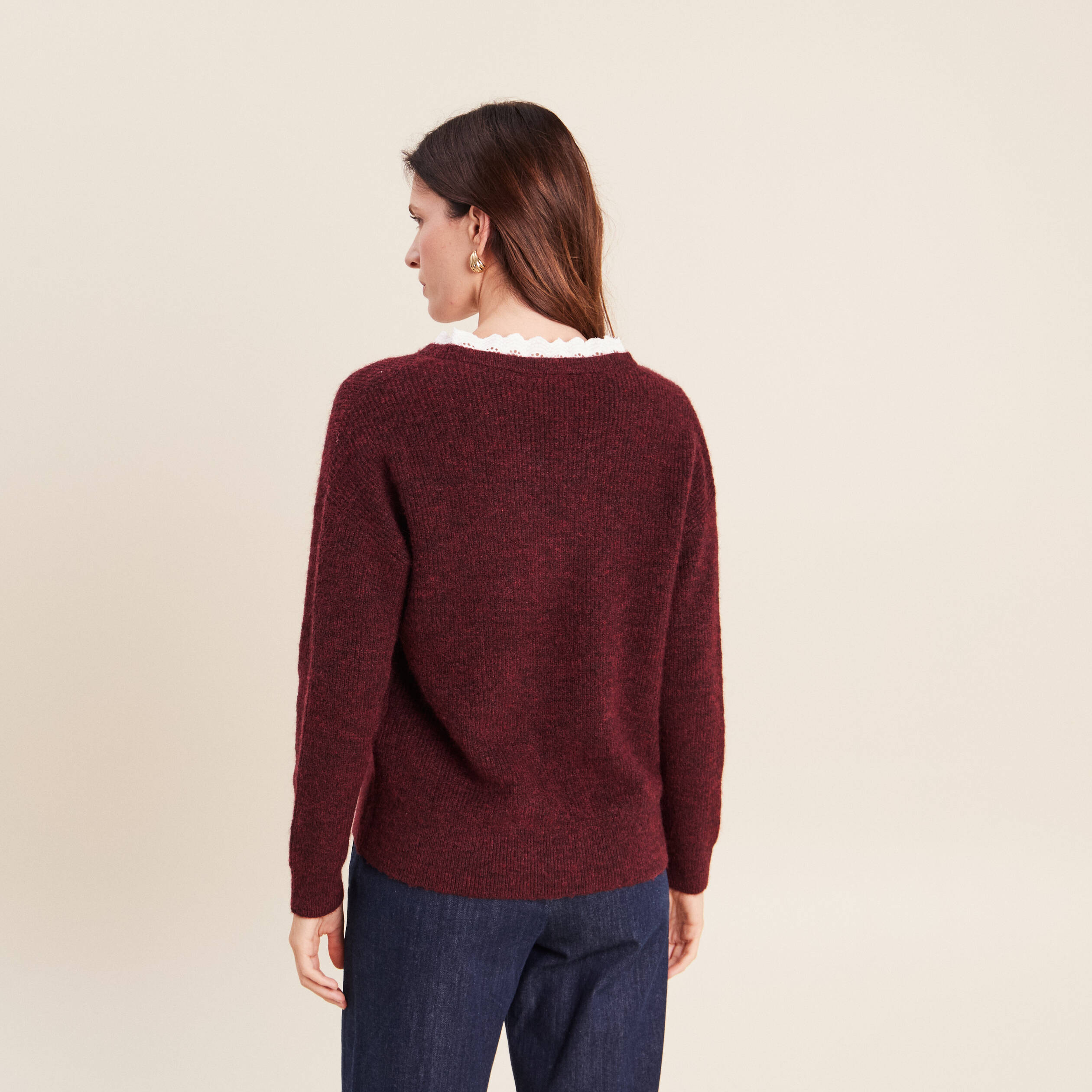 Pull bi-mati&egrave;re col tunisien bordeaux femme