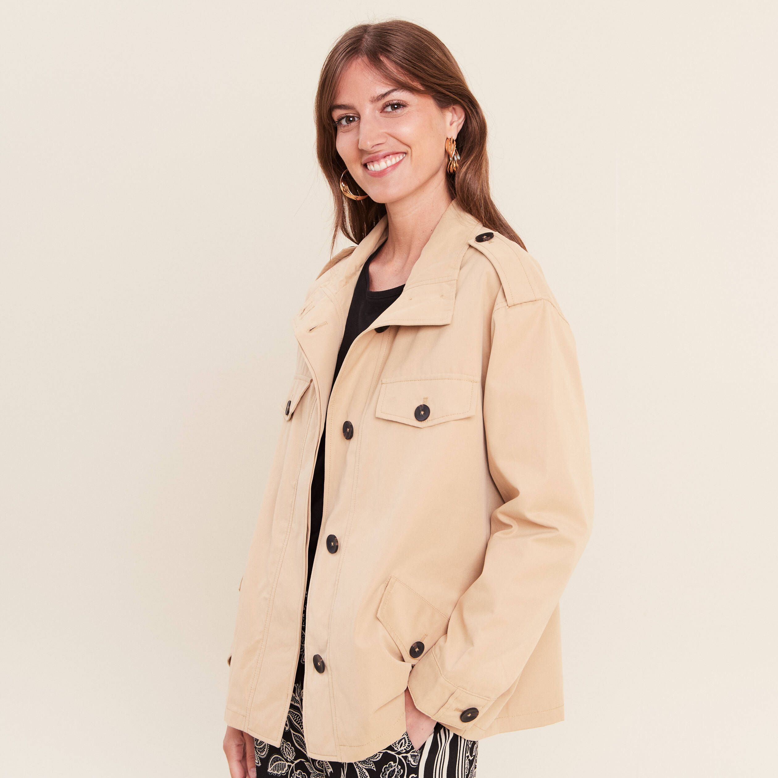 Trench col montant doubl&eacute; beige femme