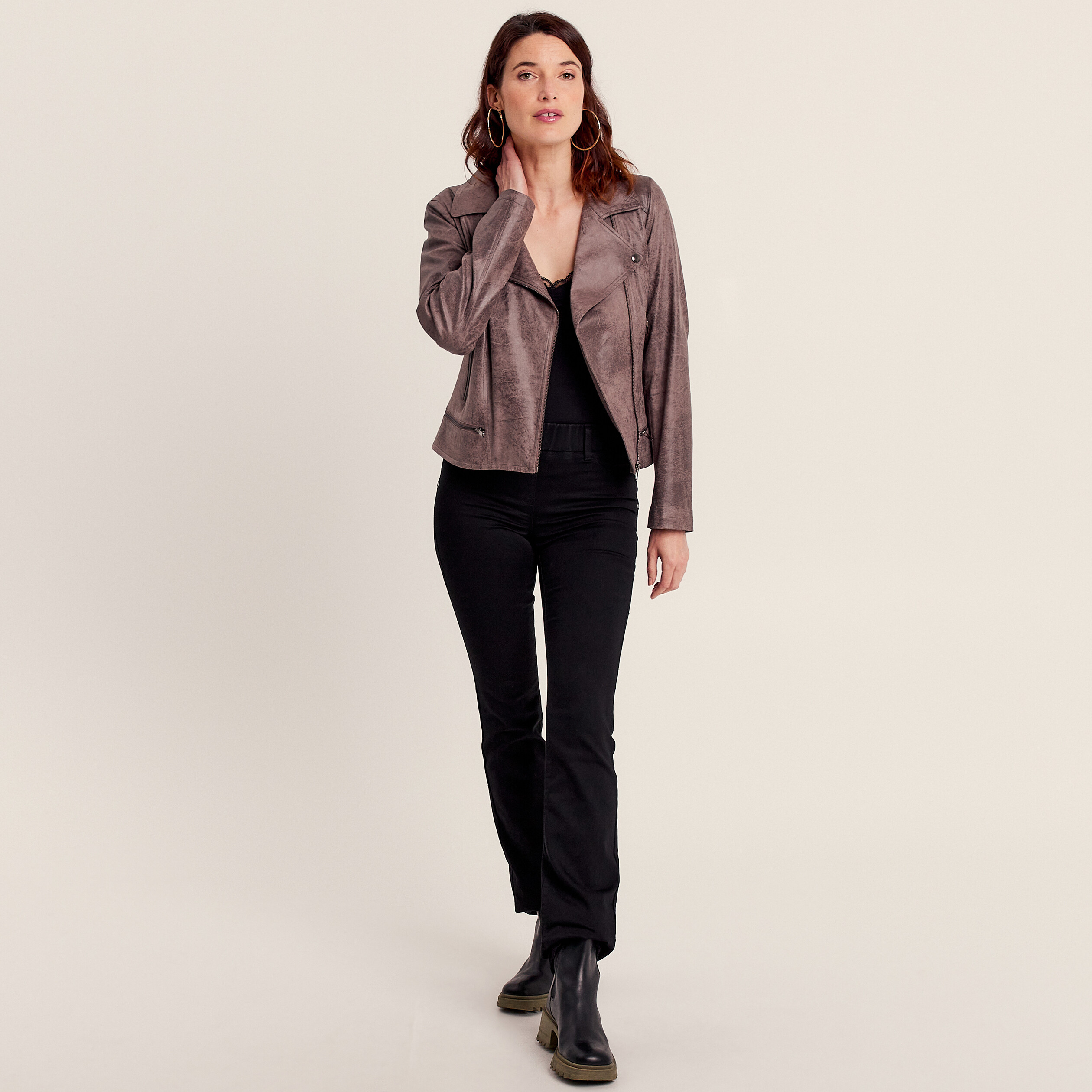 Veste esprit motard zippée taupe femme