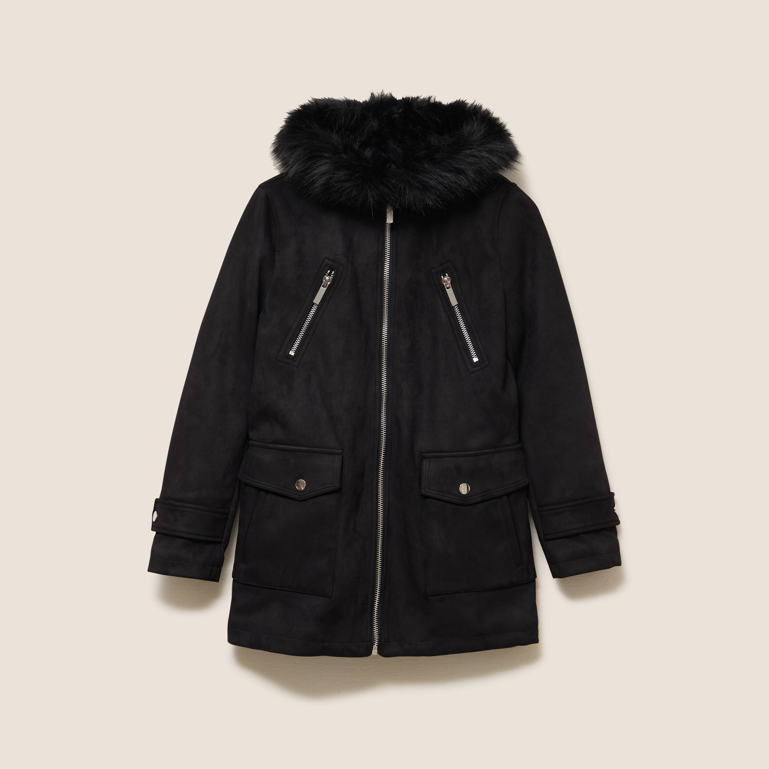 Manteau cintr&eacute; mi-long &agrave; capuche noir femme