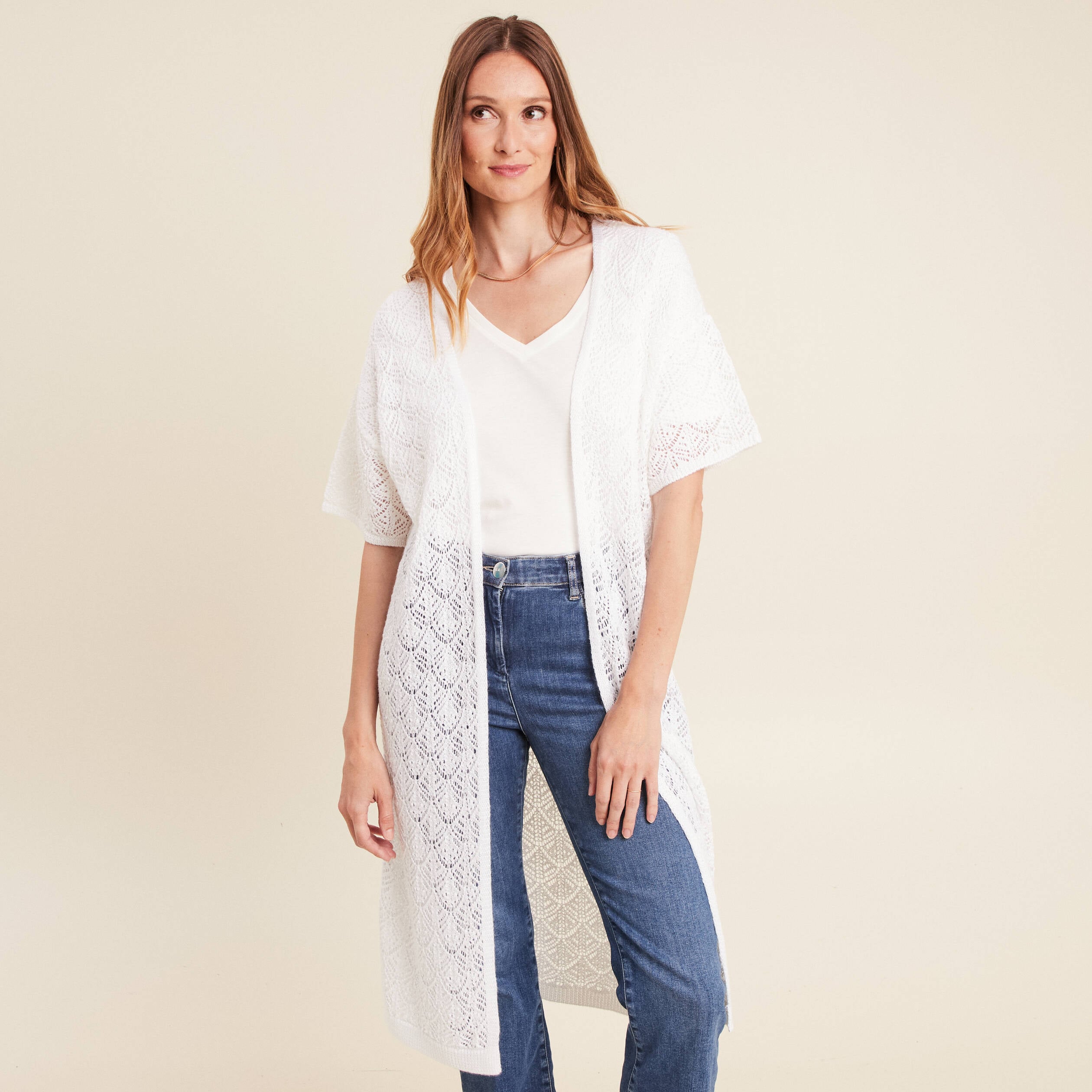 Gilet long manches courtes blanc femme