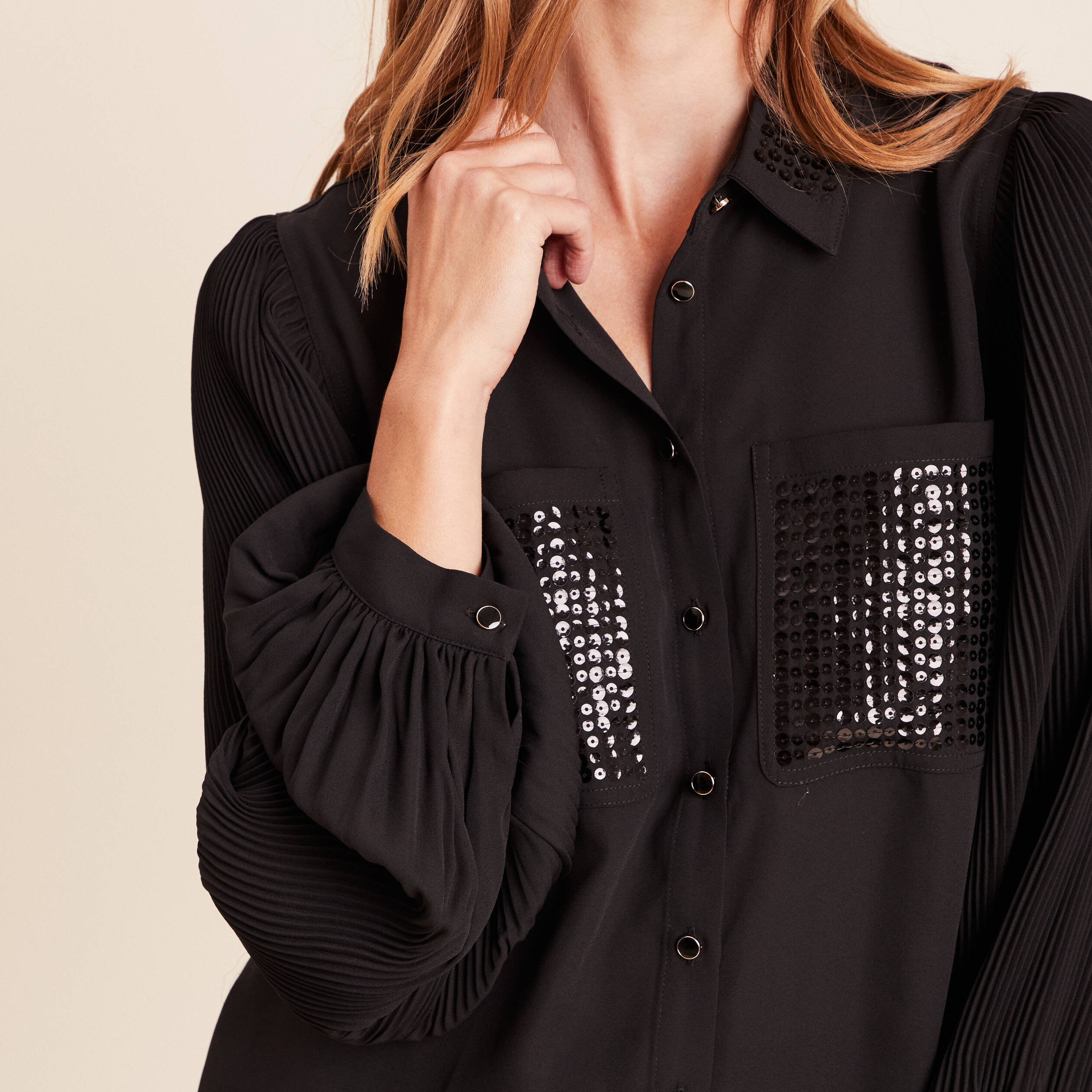 Chemise fluide &agrave; sequins manches longues noir femme
