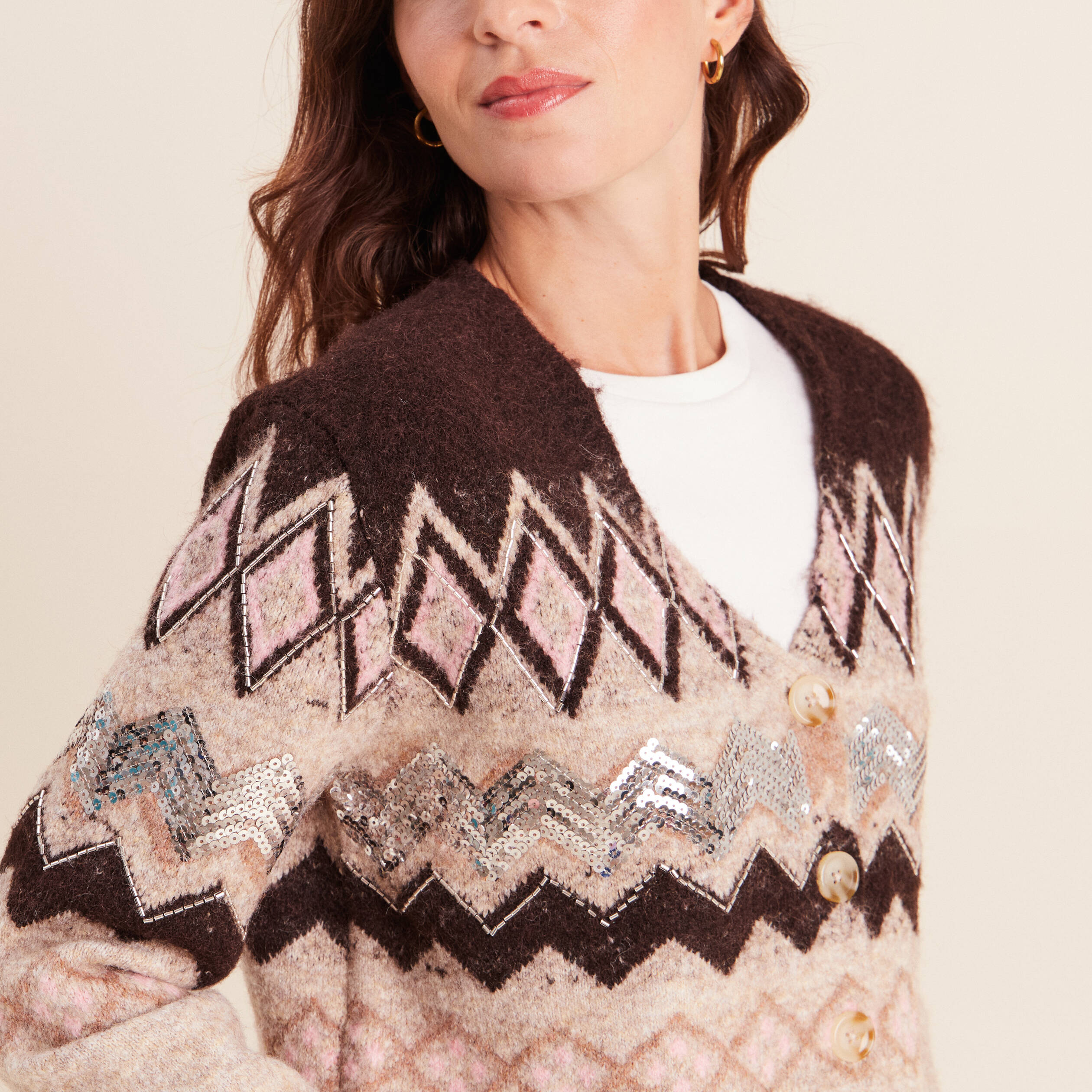 Cardigan jacquard col rond marron femme