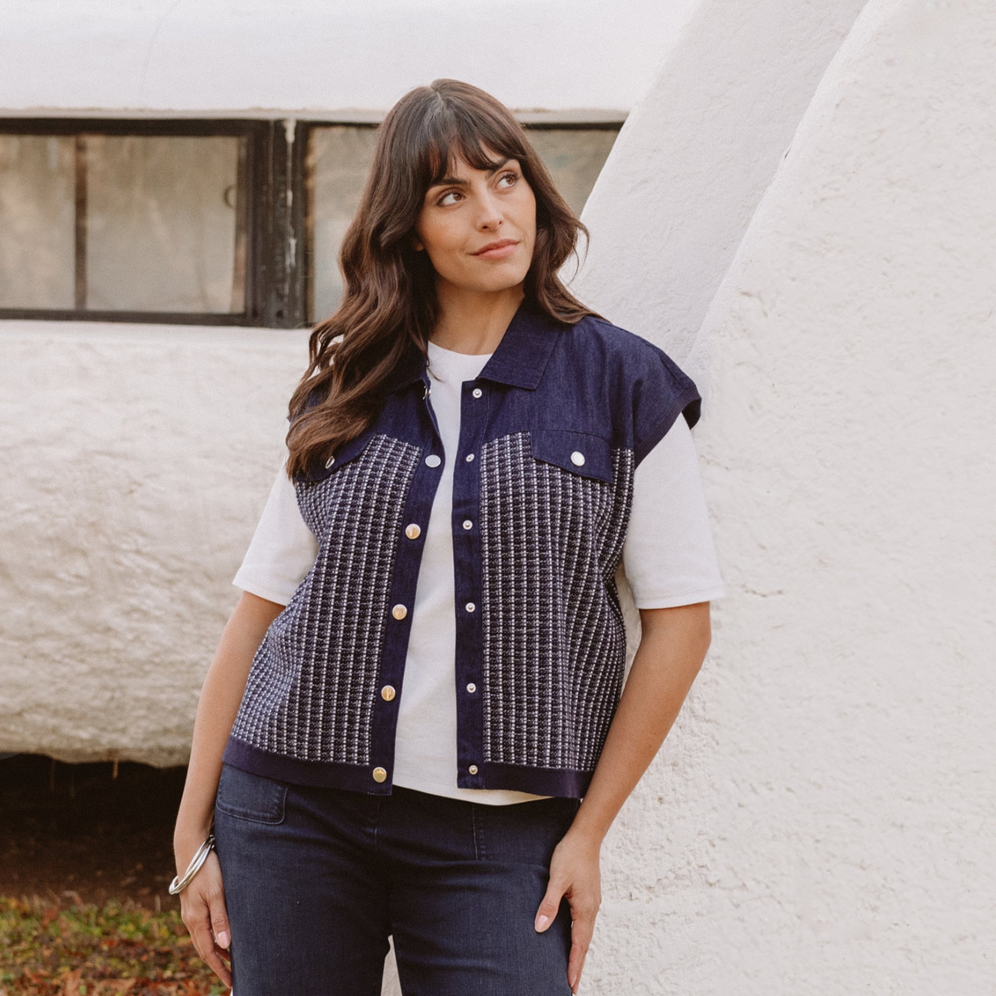 Veste sans manches col chemise bleu marine femme