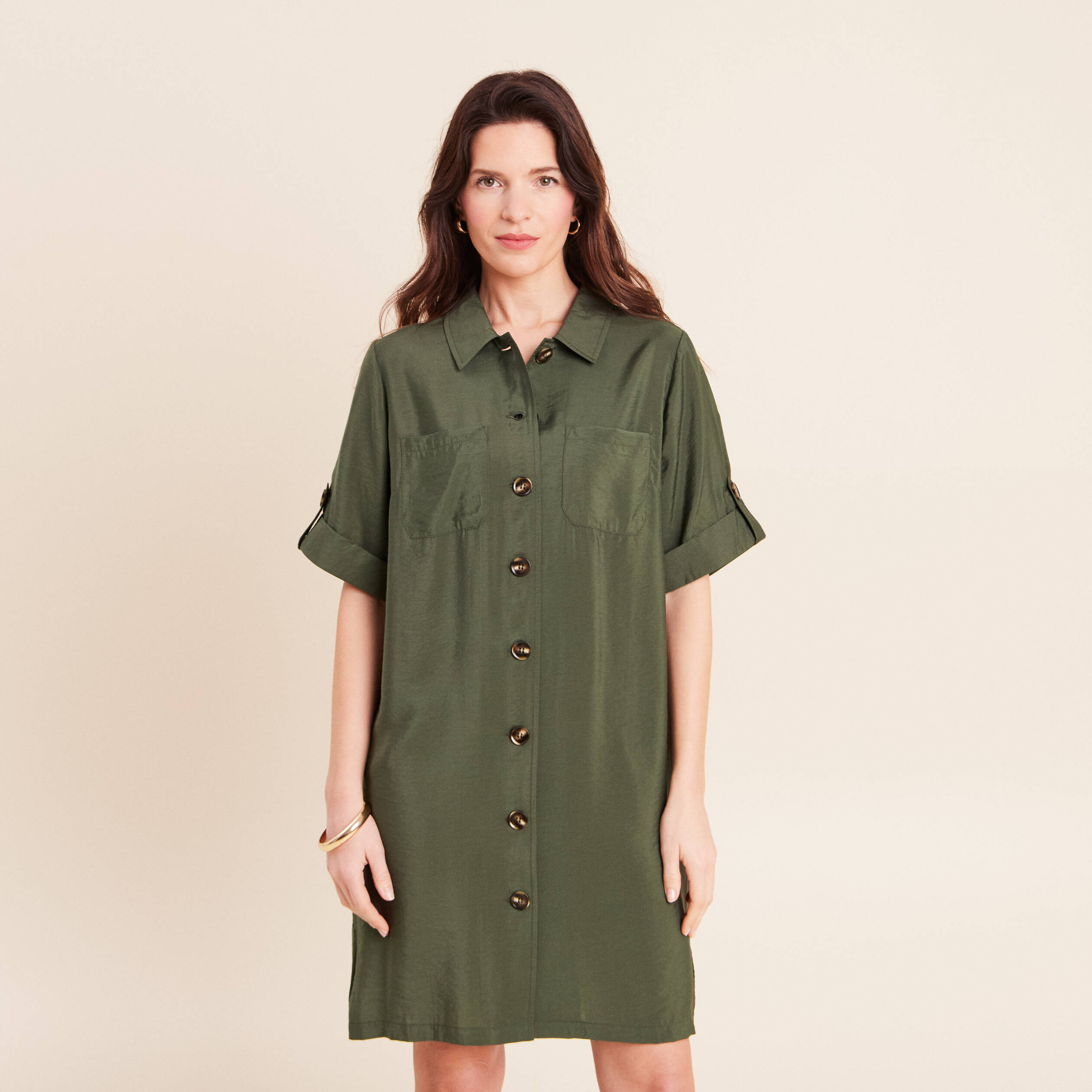 Robe droite courte col chemise vert kaki femme