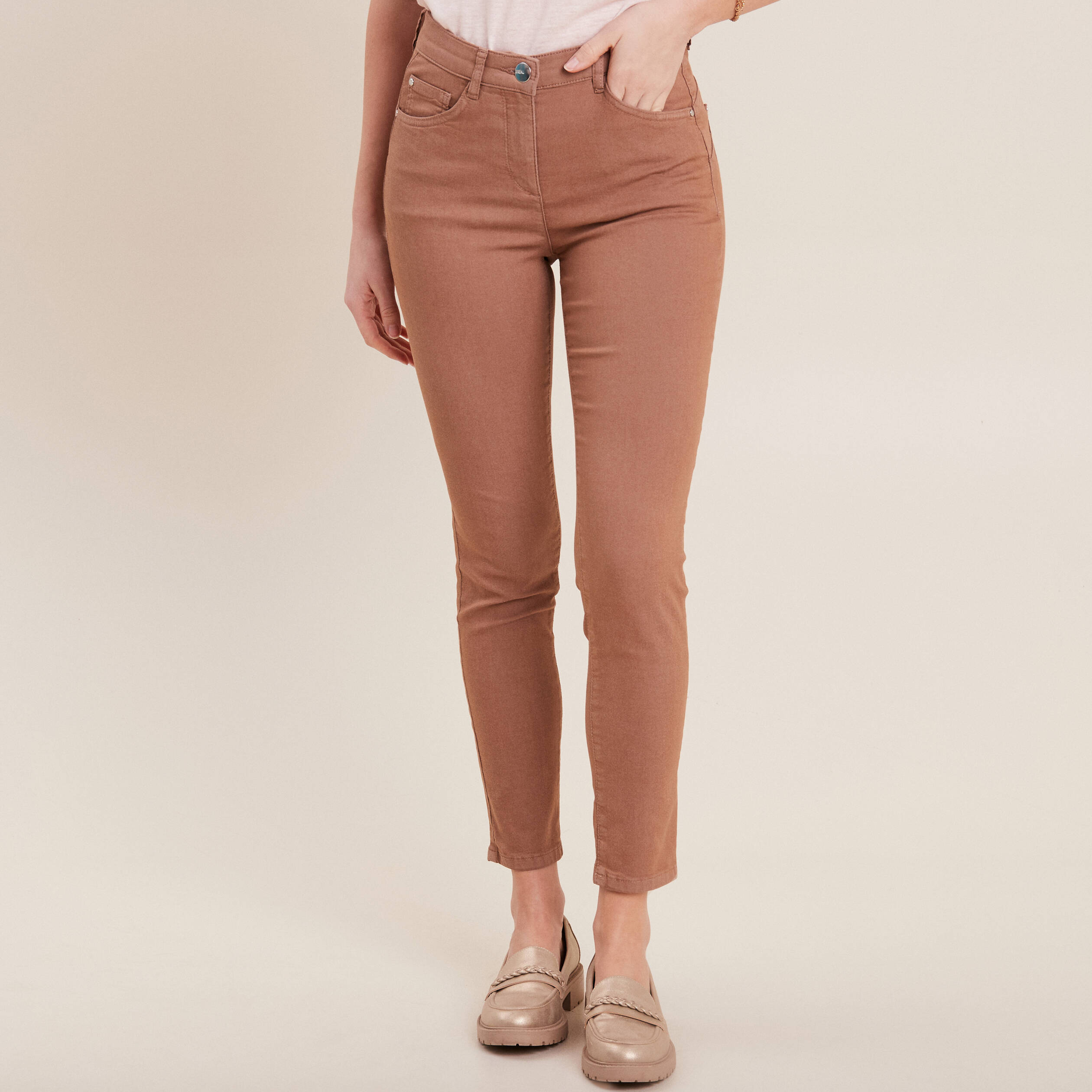 Pantalon léger taille standard 7/8ème marron cognac femme