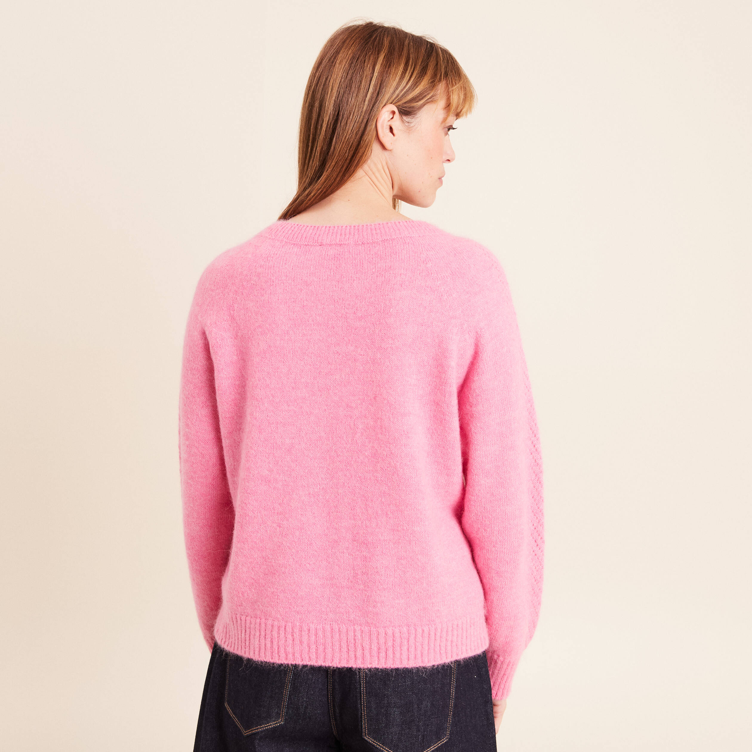 Gilet manches longues col rond rose fushia femme