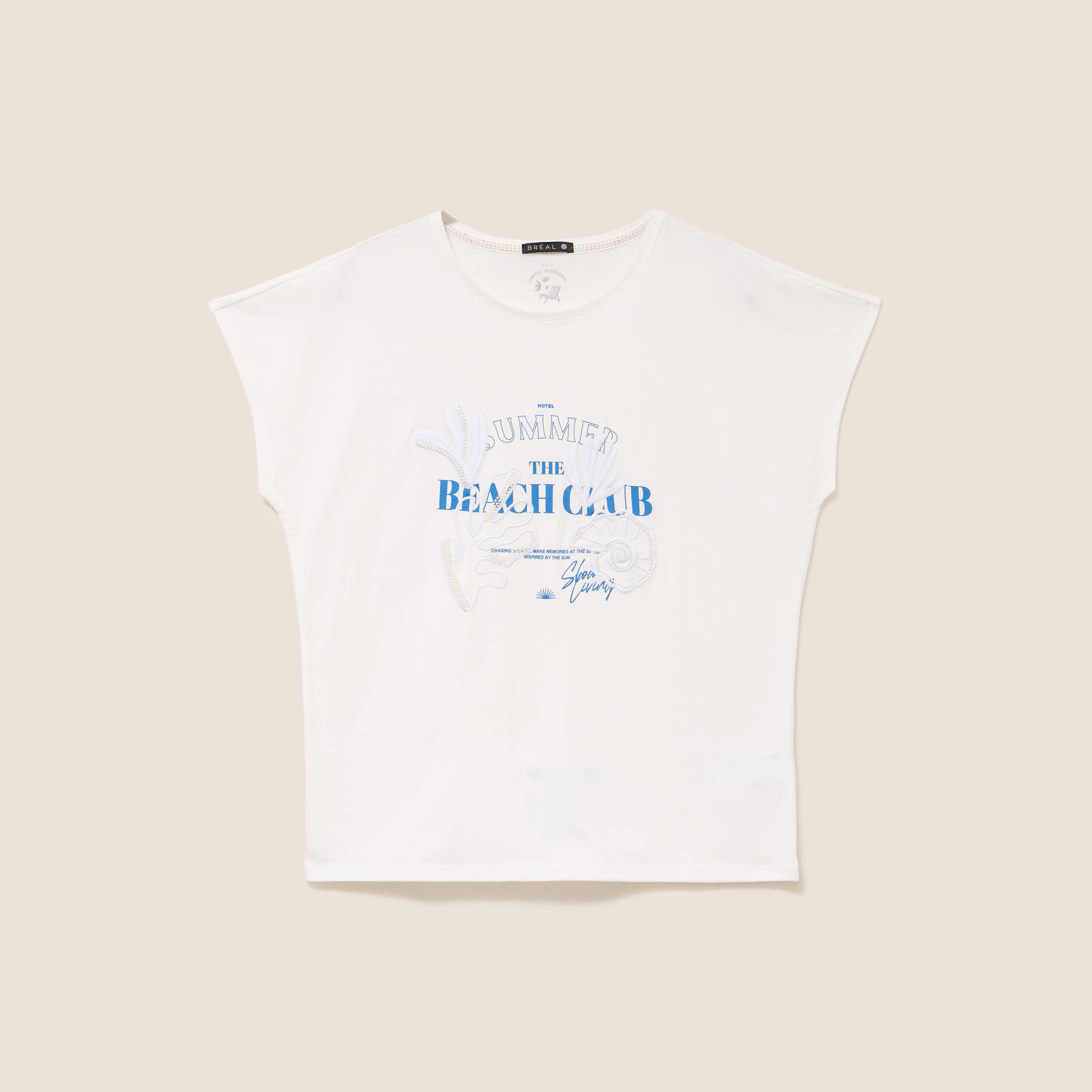 T-shirt col rond manches courtes brod&eacute; ecru femme