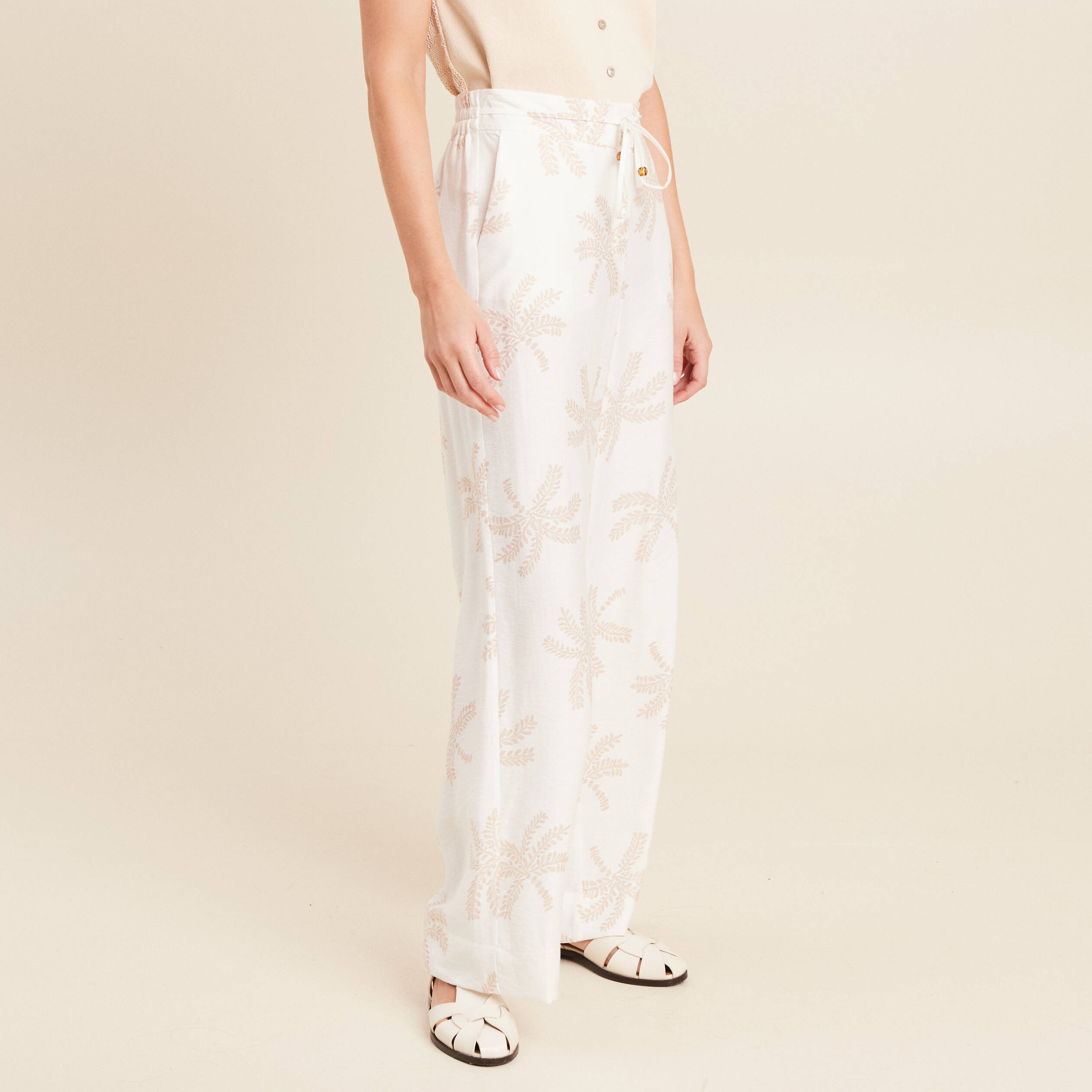 Pantalon large taille haute beige femme