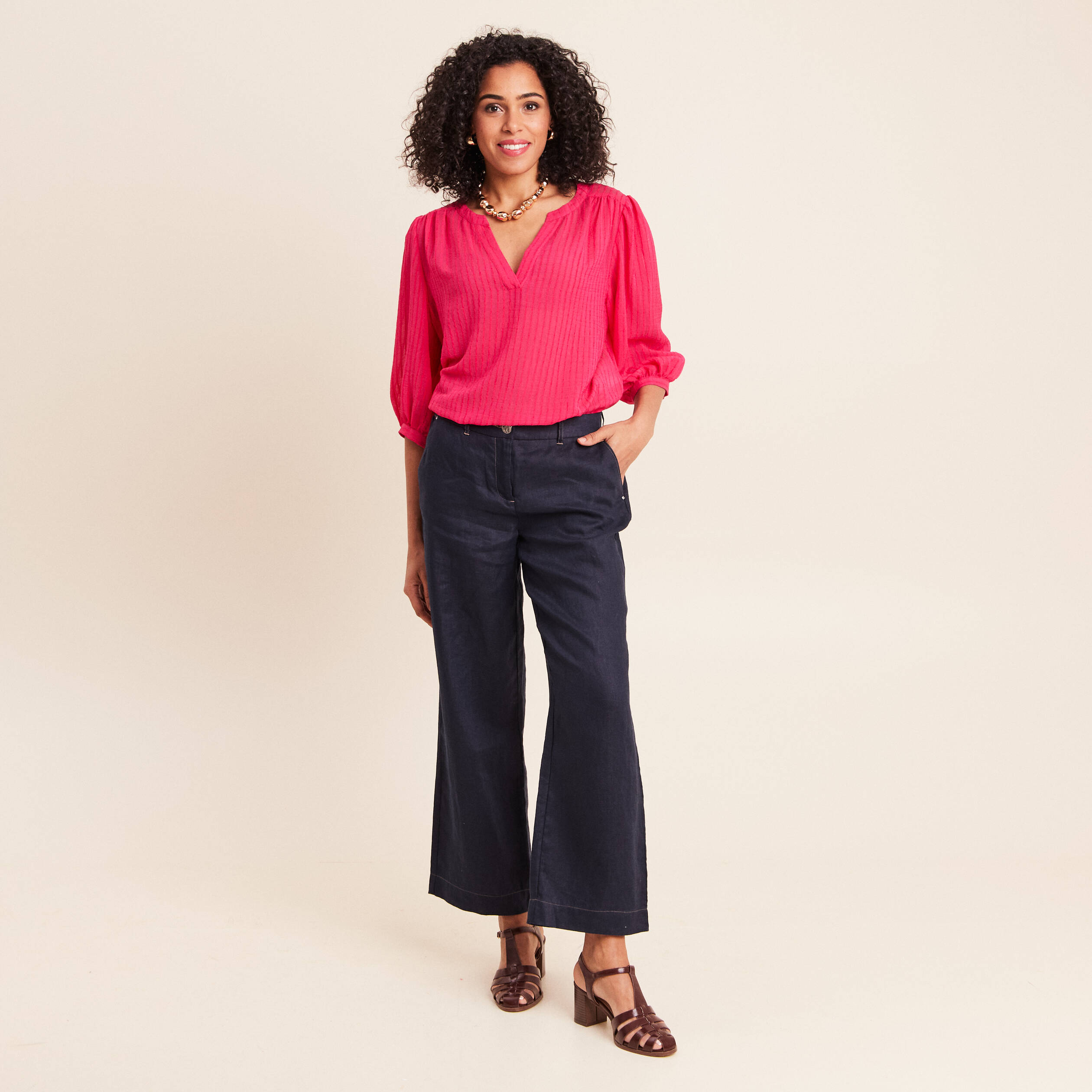 Pantalon large taille standard bleu fonc&eacute; femme