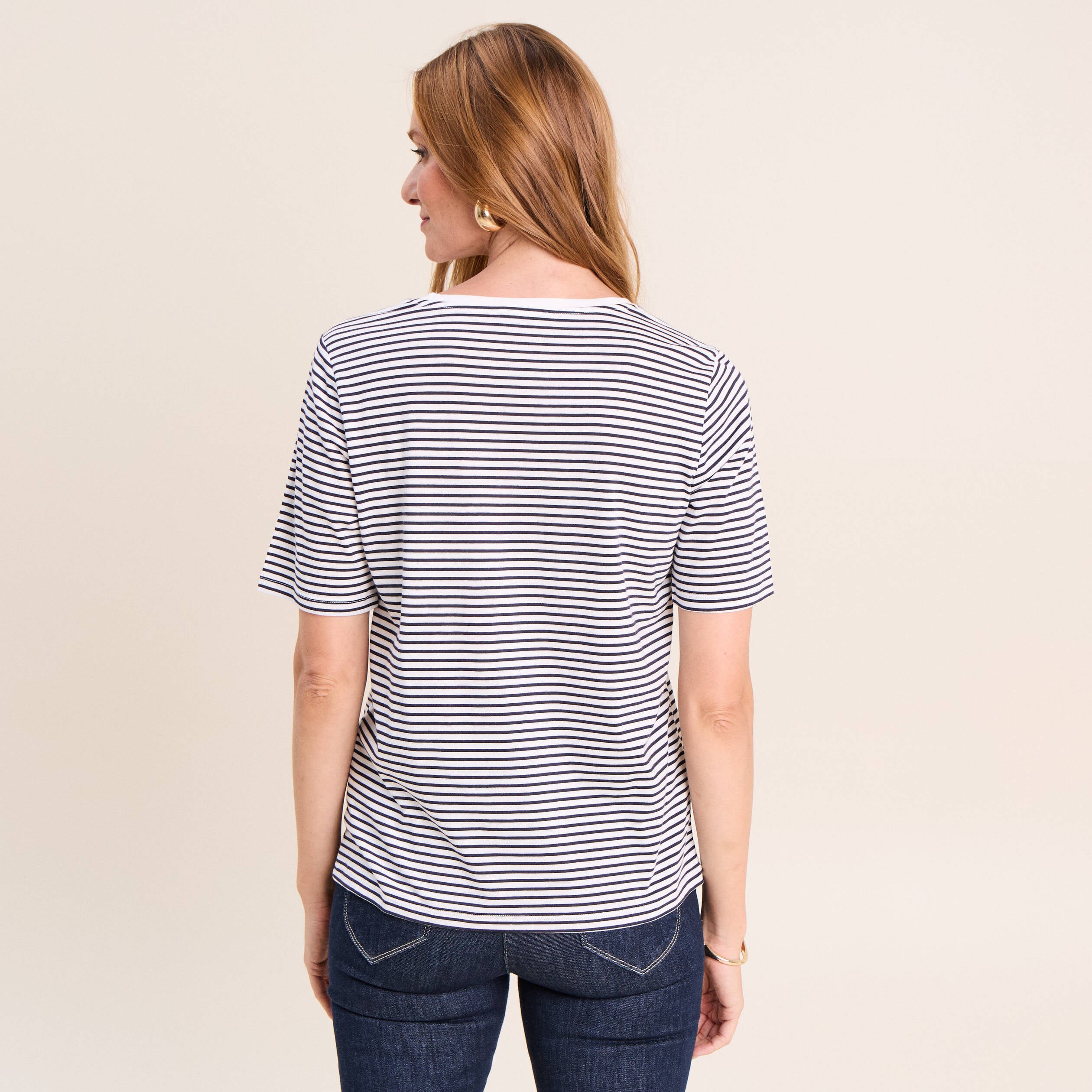 T-shirt droit broderie manches courtes bleu femme