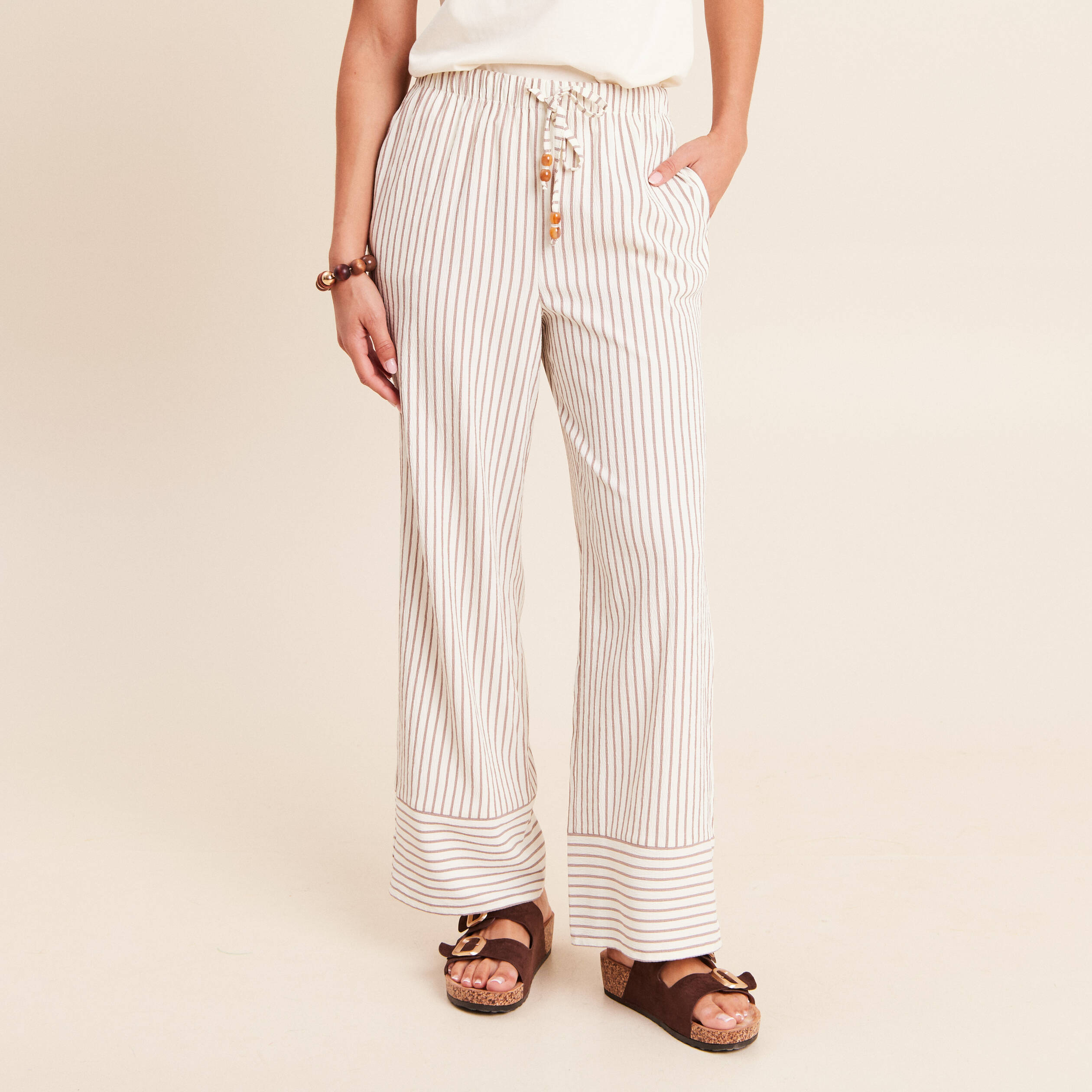Pantalon large taille haute taupe femme