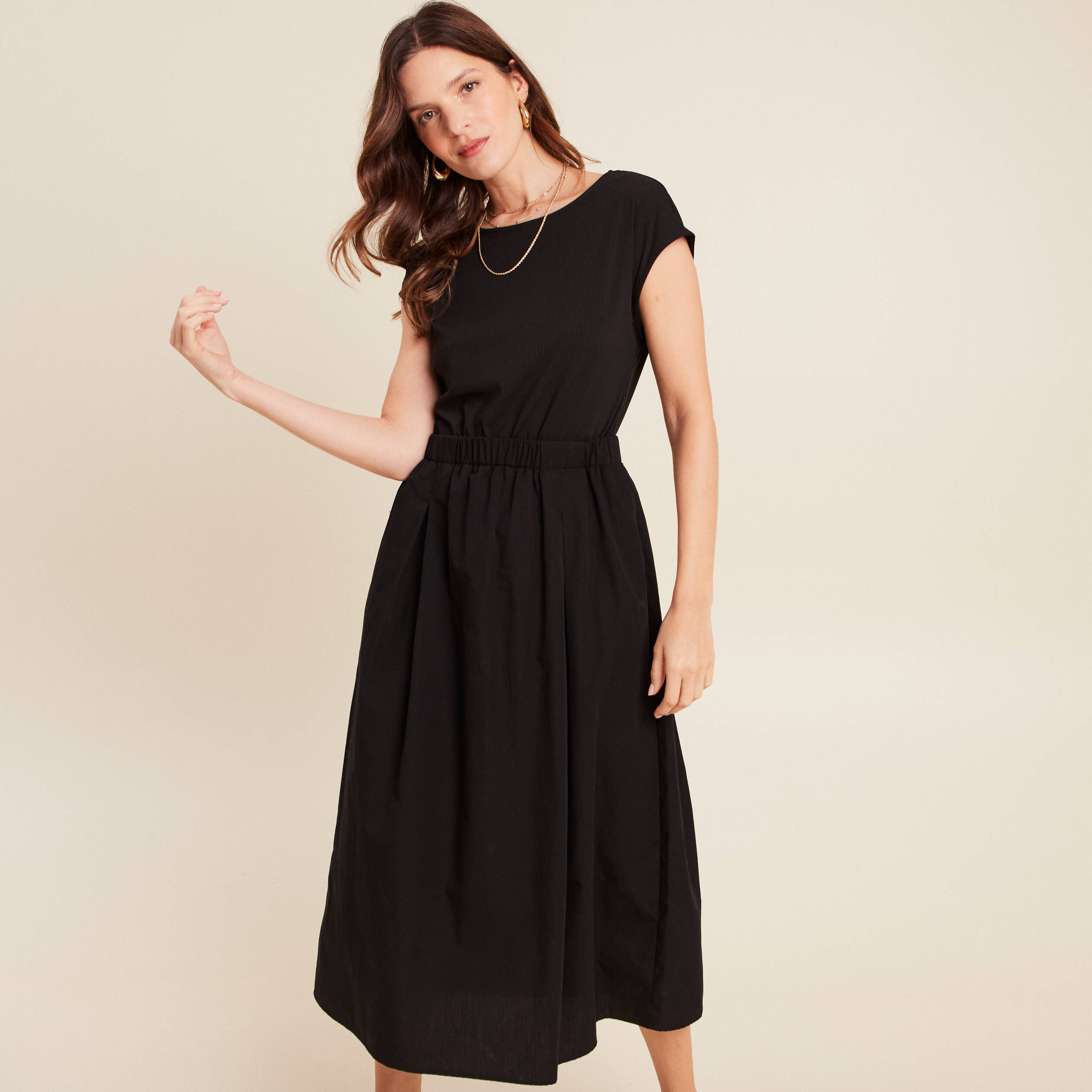 robe longue evasee bi matiere noir femme Robe longue évasée bi-matière noir femme