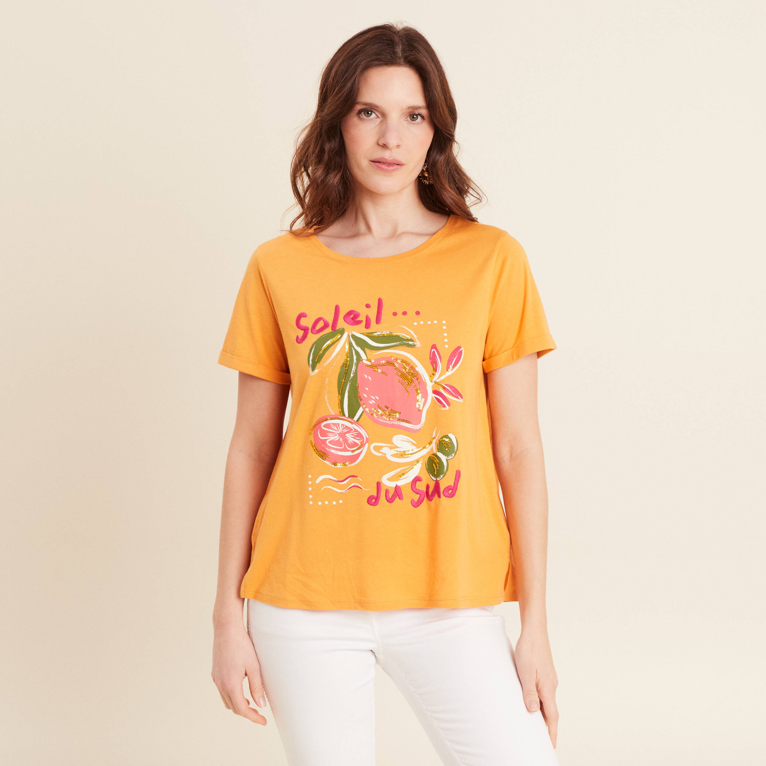 t shirt manches courtes orange clair femme T-shirt manches courtes orange clair femme