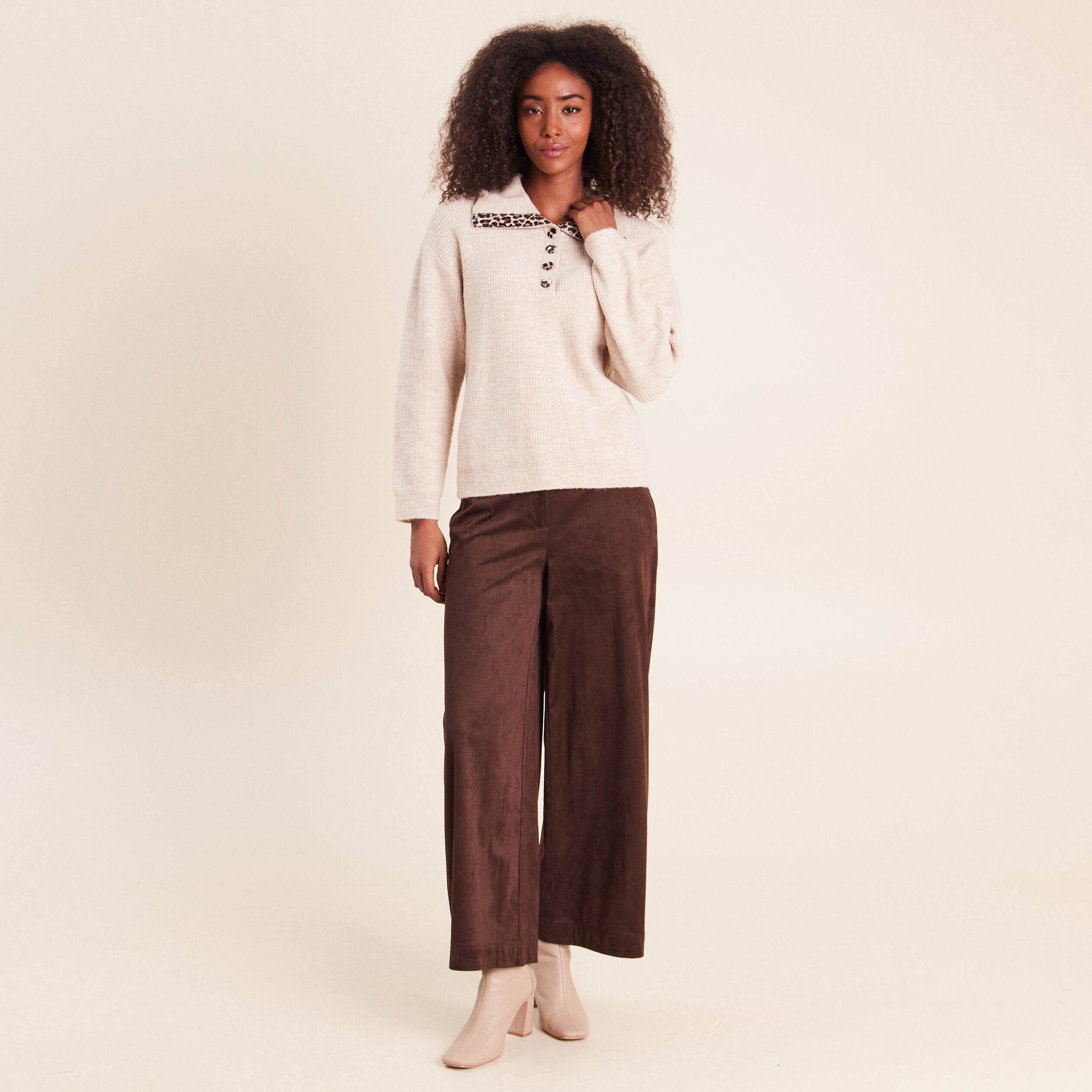 Pull droit manches longues beige femme