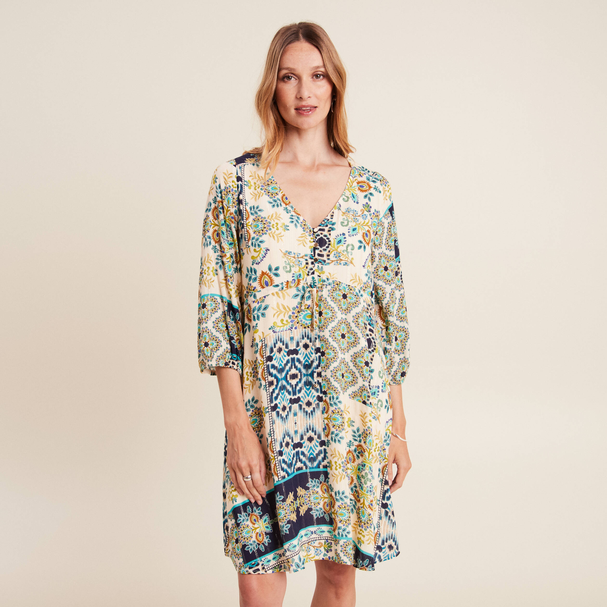 robe evasee fluide manches 34 bleu femme Robe évasée fluide manches 3/4 bleu femme
