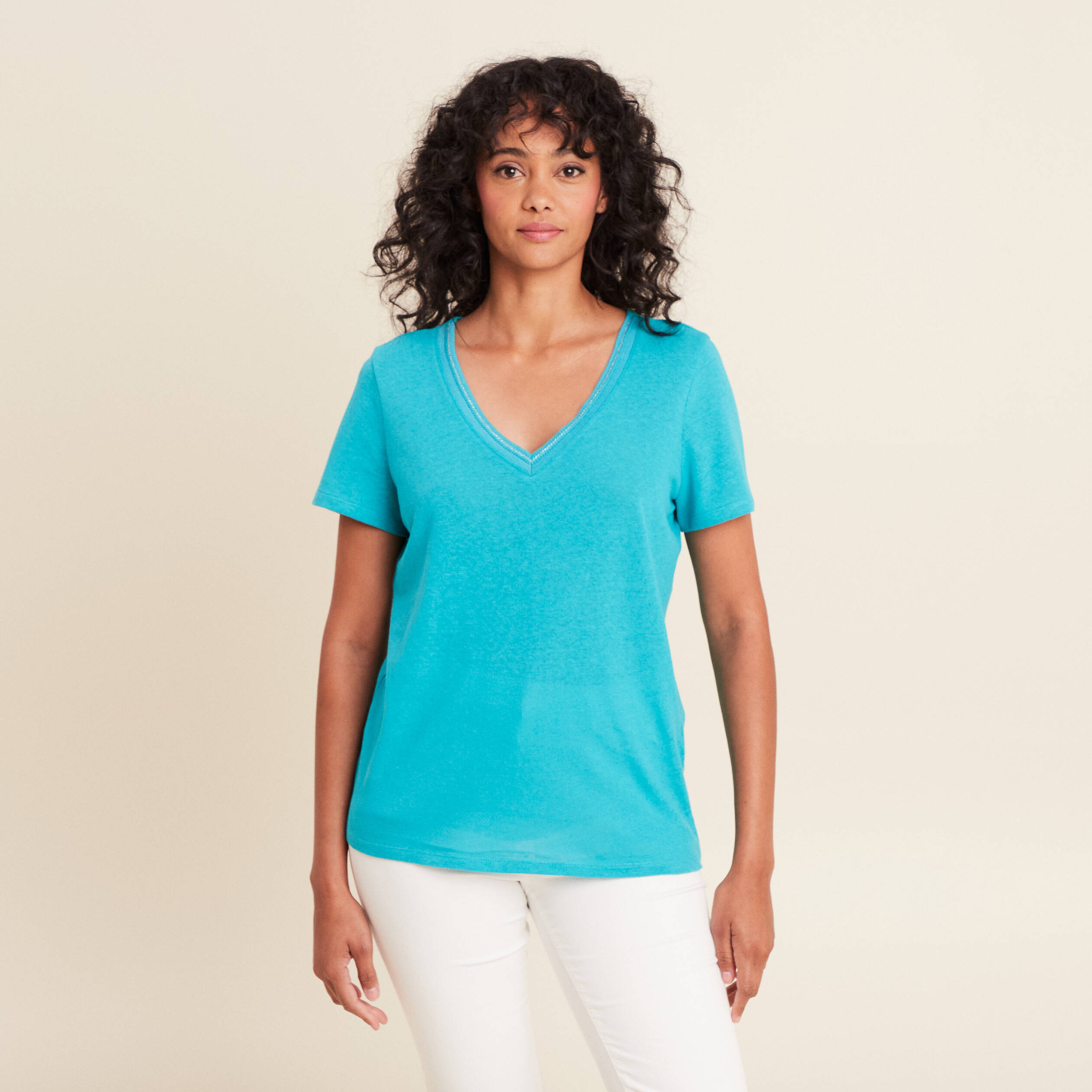 t shirt manches courtes col en v vert turquoise femme T-shirt manches courtes col en V vert turquoise femme