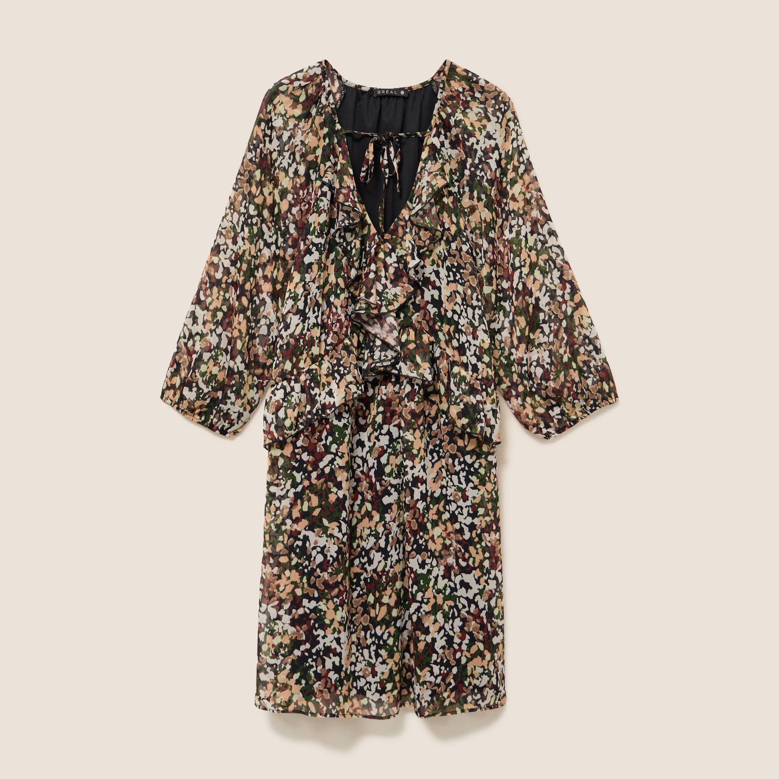 Robe courte &eacute;vas&eacute;e col v manches longues multicolore femme