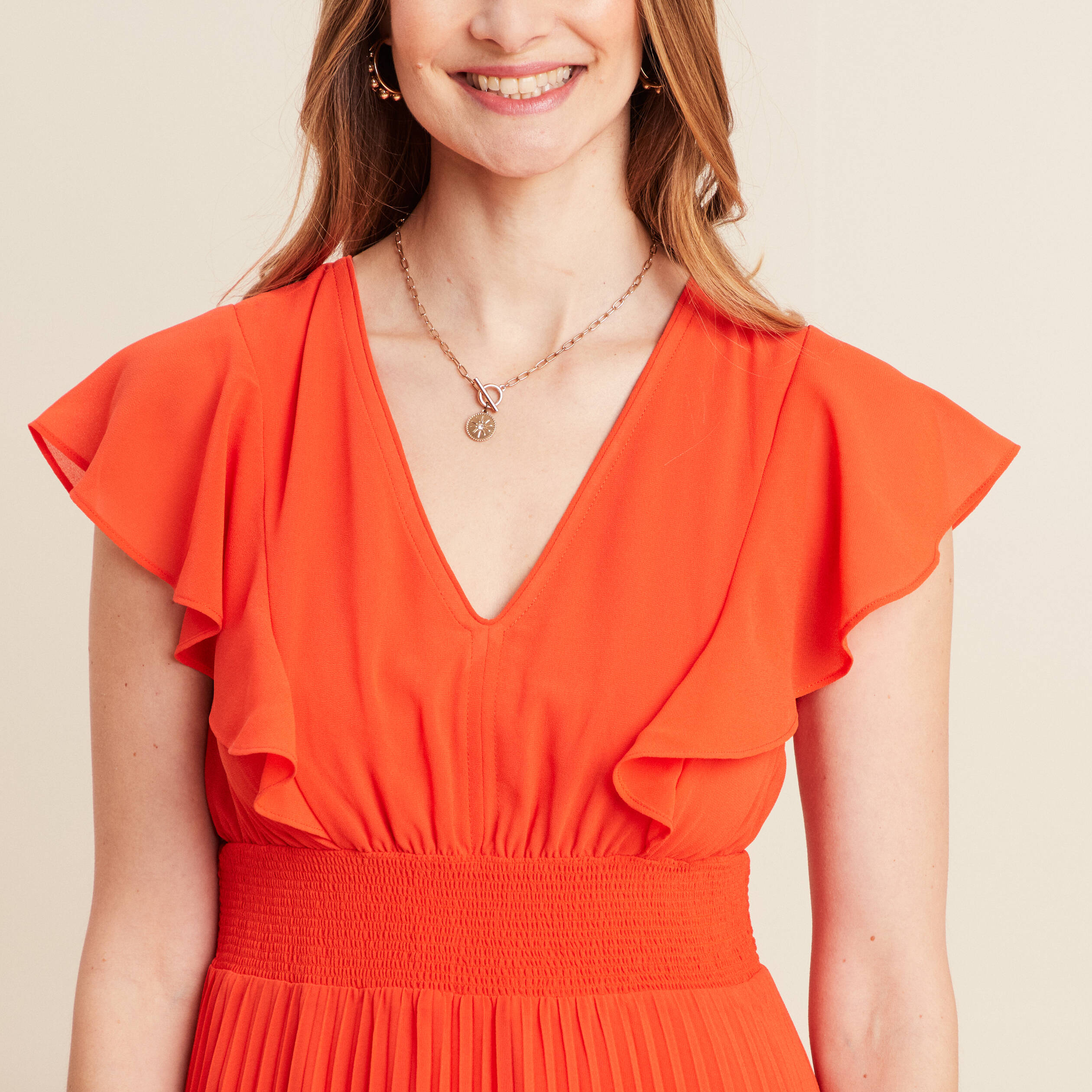 robe longue evasee a volants orange fonce femme Robe longue évasée à volants orange foncé femme