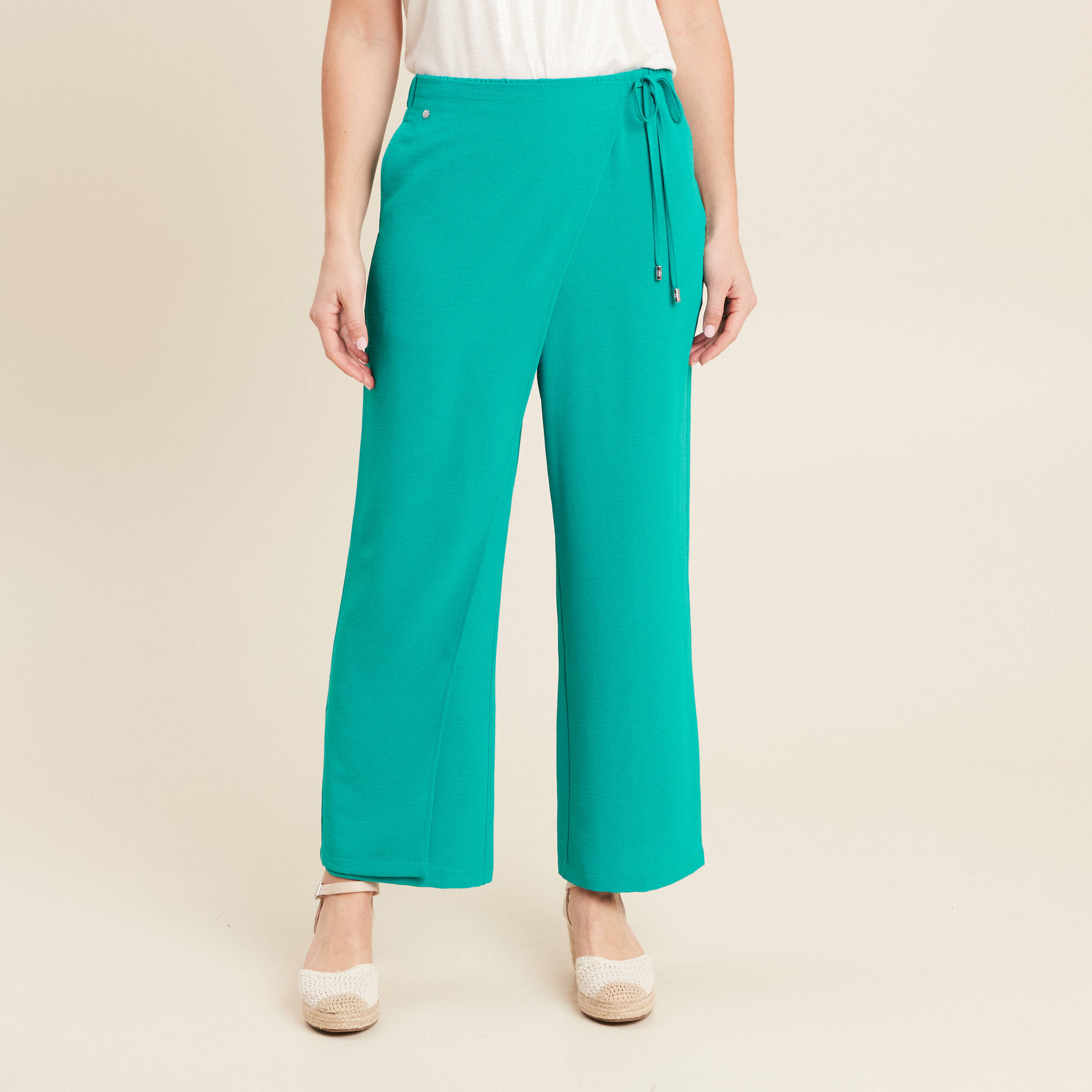 Pantalon coupe large avec pan vert &eacute;meraude femme