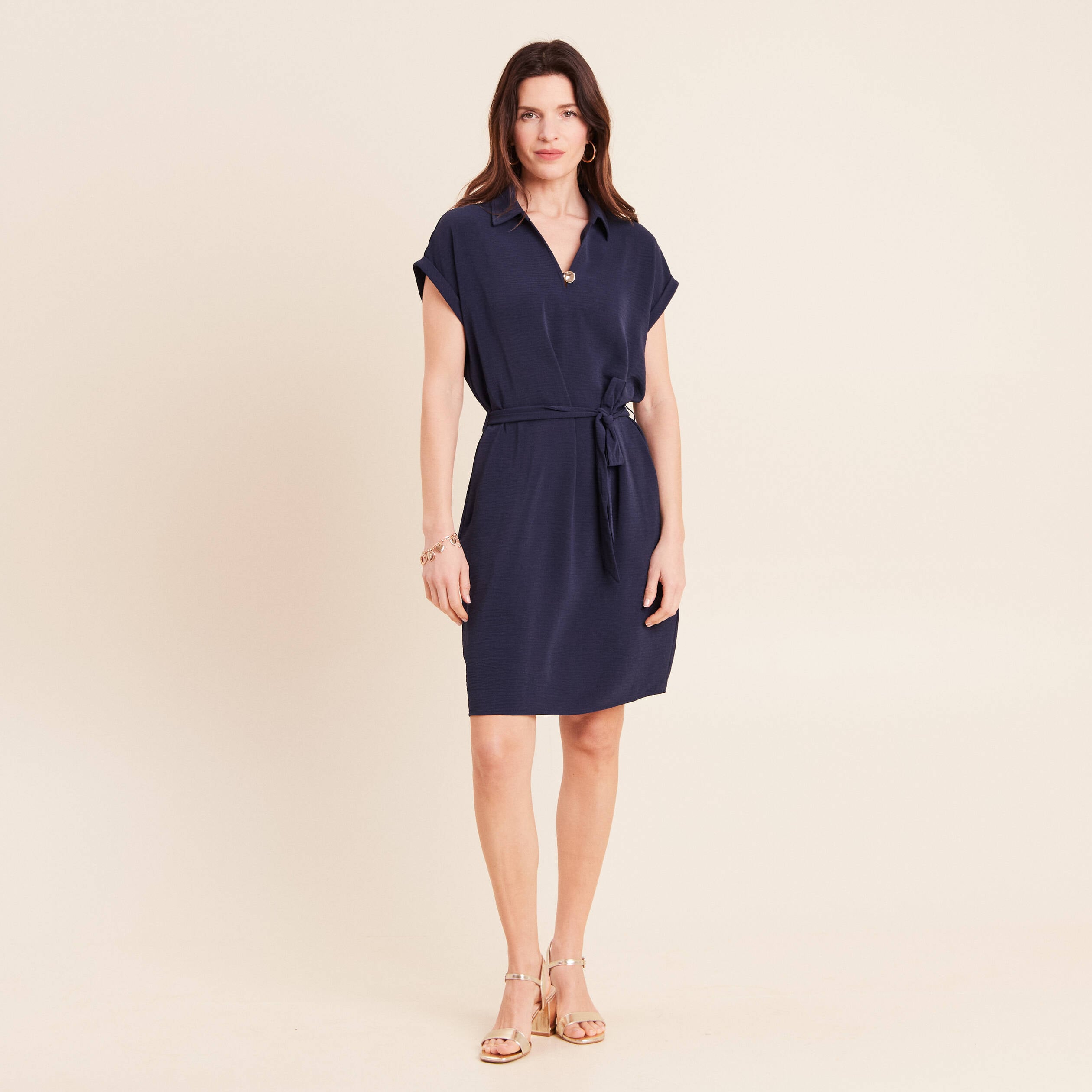 Robe droite courte manches courtes bleu marine femme