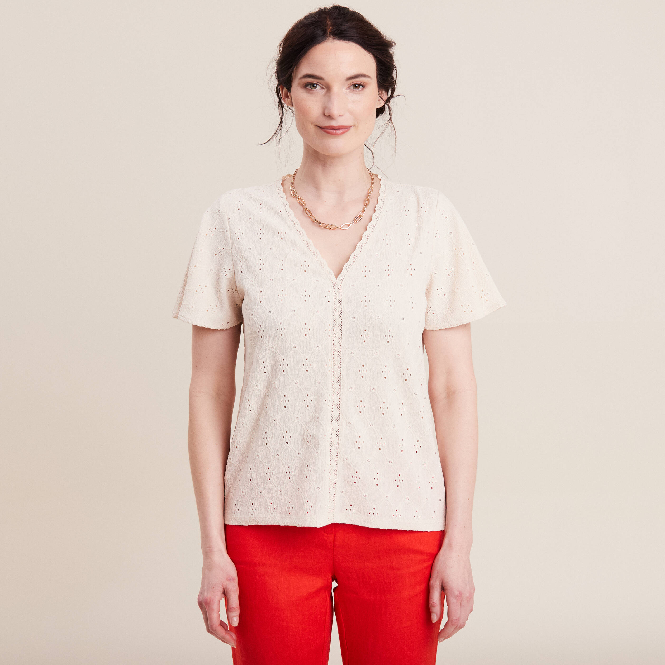 blouse manches courtes brodee ivoire femme Blouse manches courtes brodée ivoire femme