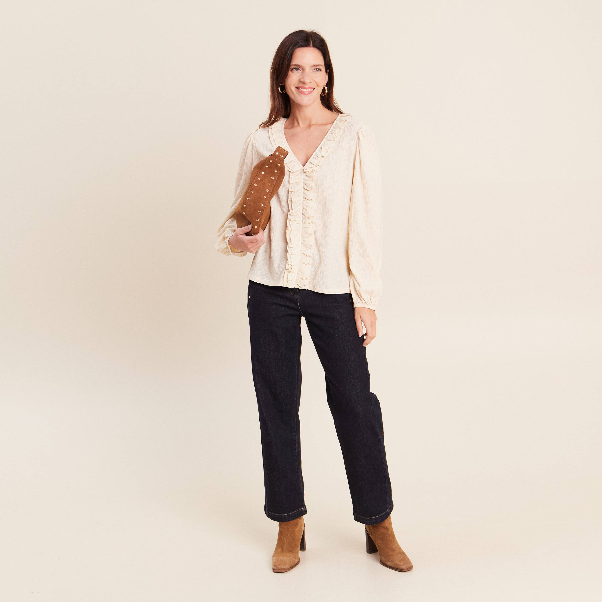 Jean droit taille haute 7/8&egrave;me denim brut femme