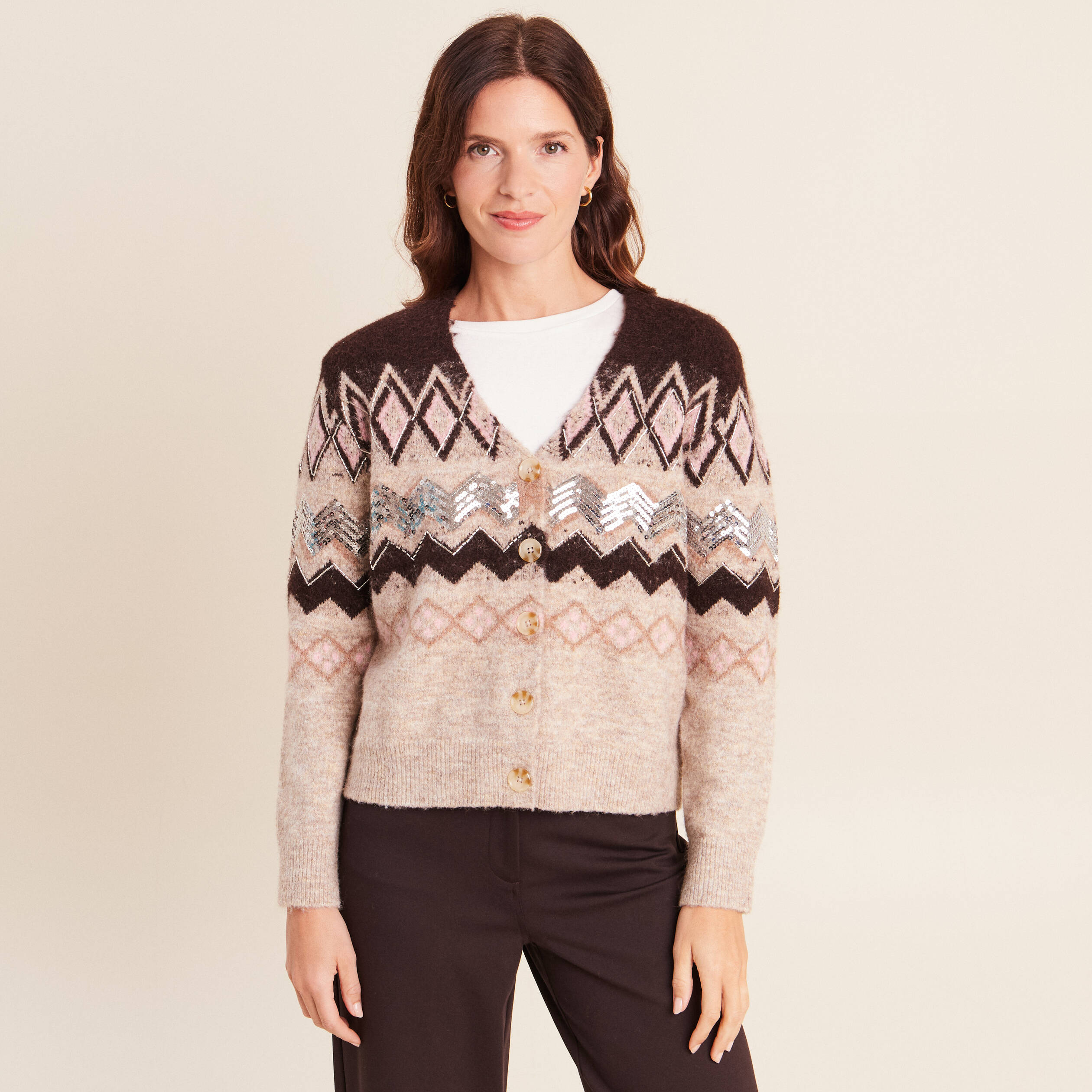 Cardigan jacquard col rond marron femme