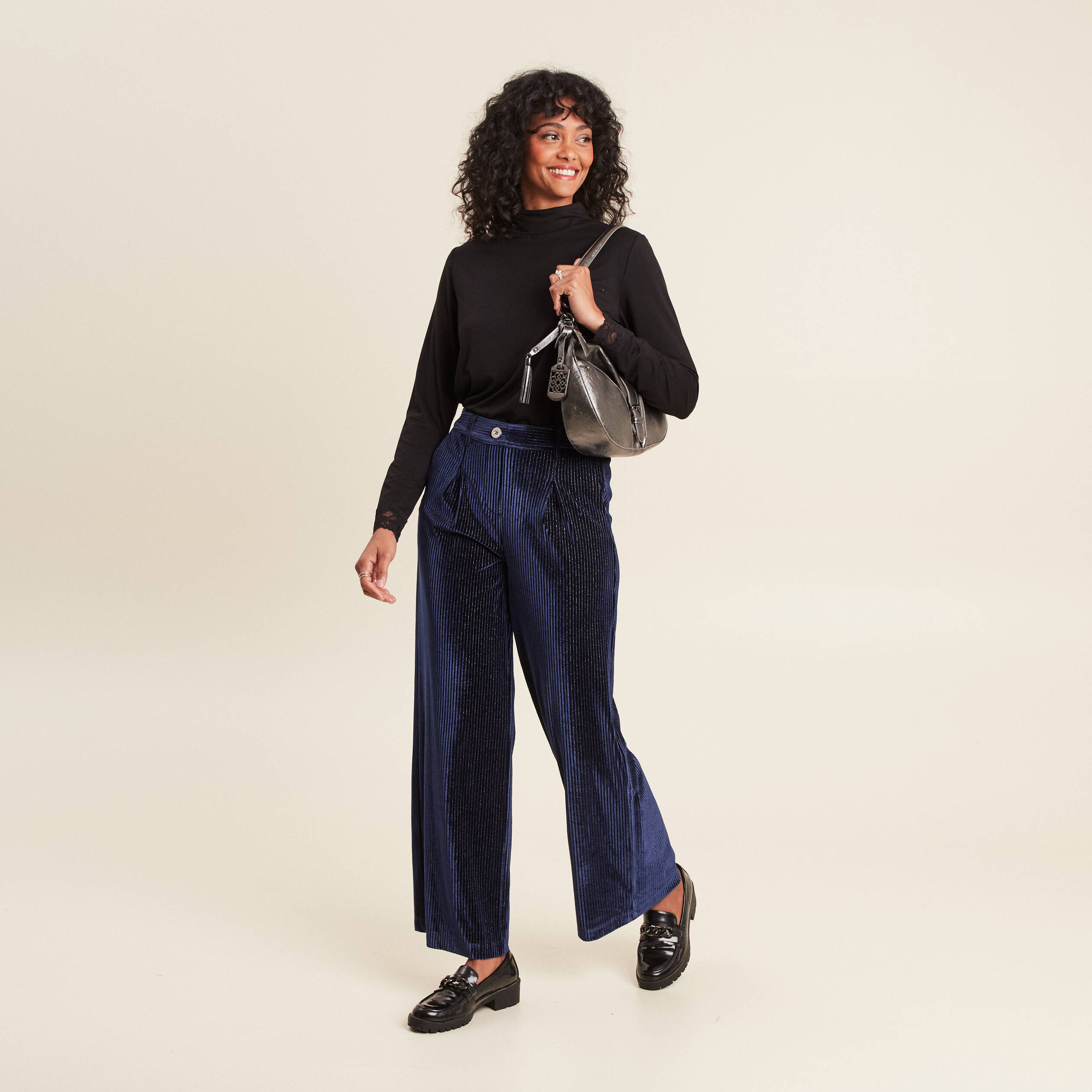 Pantalon large velours bleu fonce femme Vibs