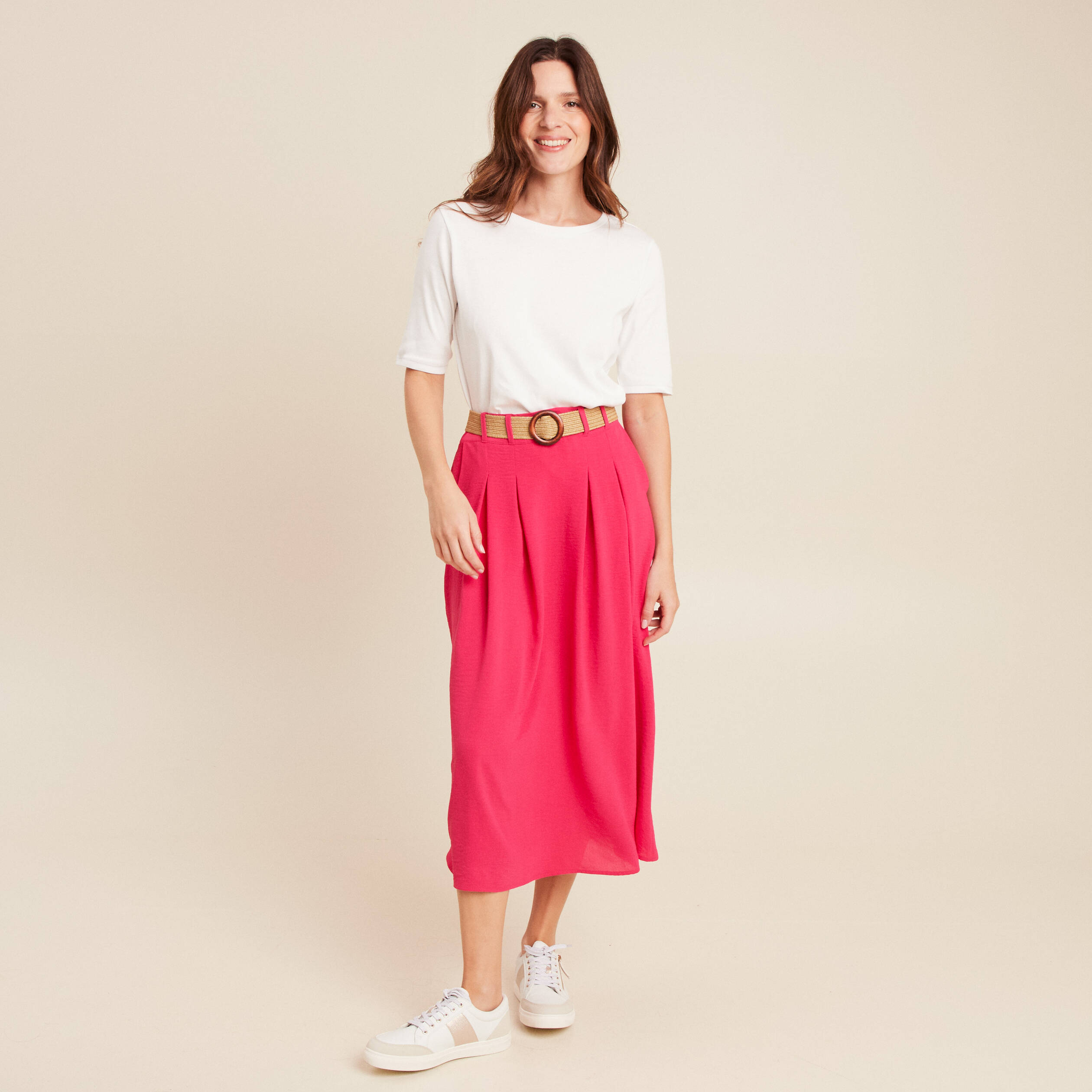 jupe longue evasee ceinturee rouge corail femme Jupe longue évasée ceinturée rouge corail femme