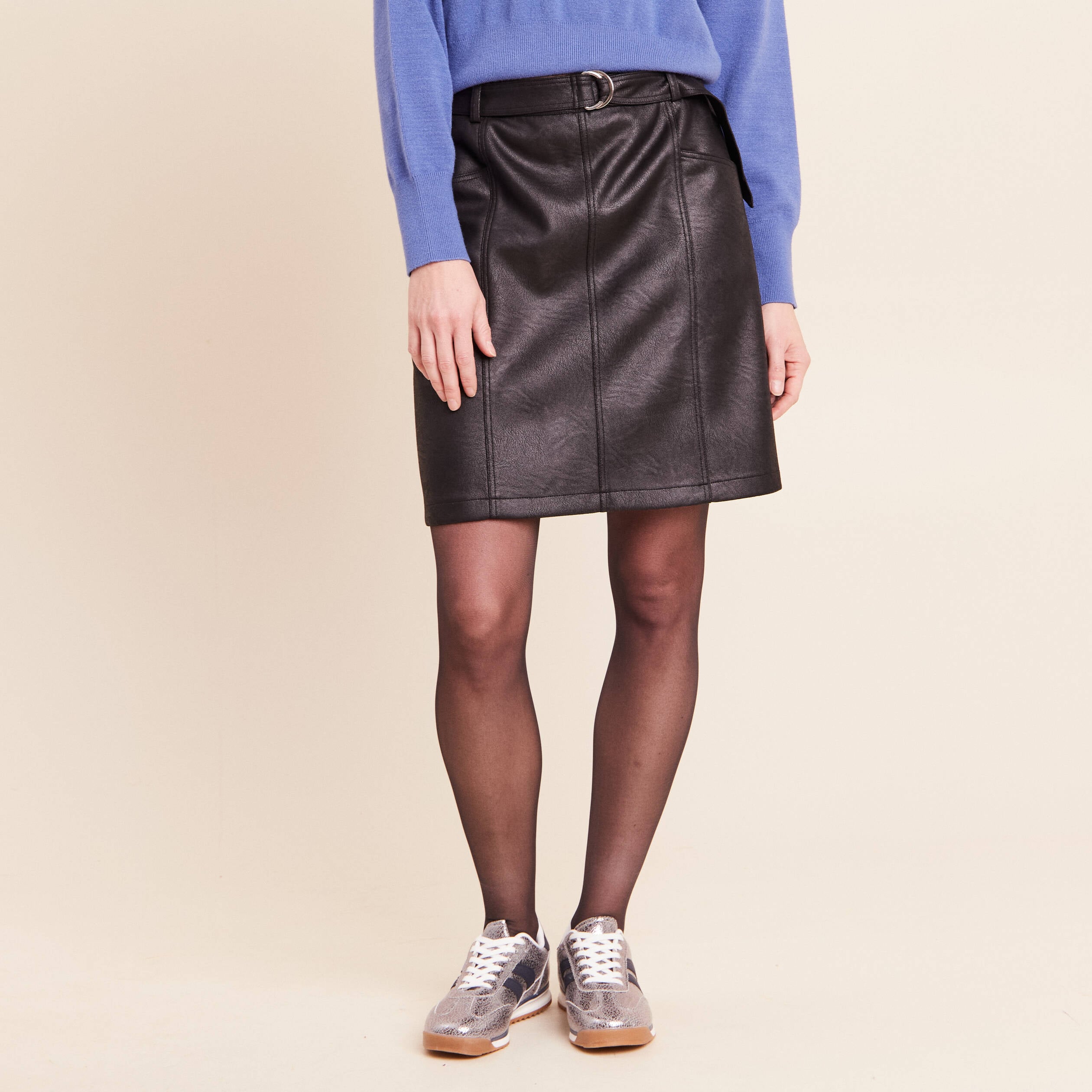 Jupe doubl&eacute;e en similicuir noir femme