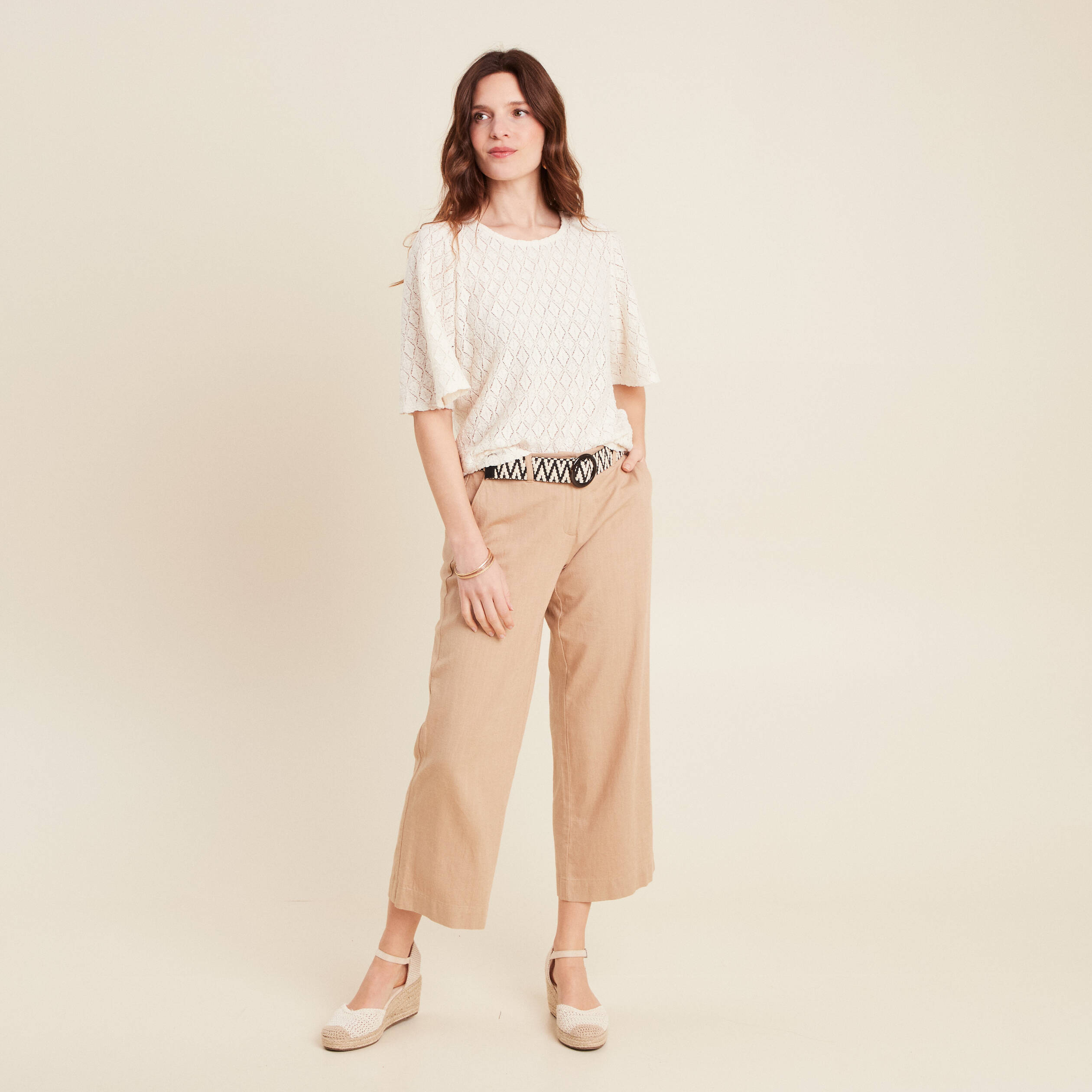 blouse manches courtes ajouree ecru femme Blouse manches courtes ajourée ecru femme