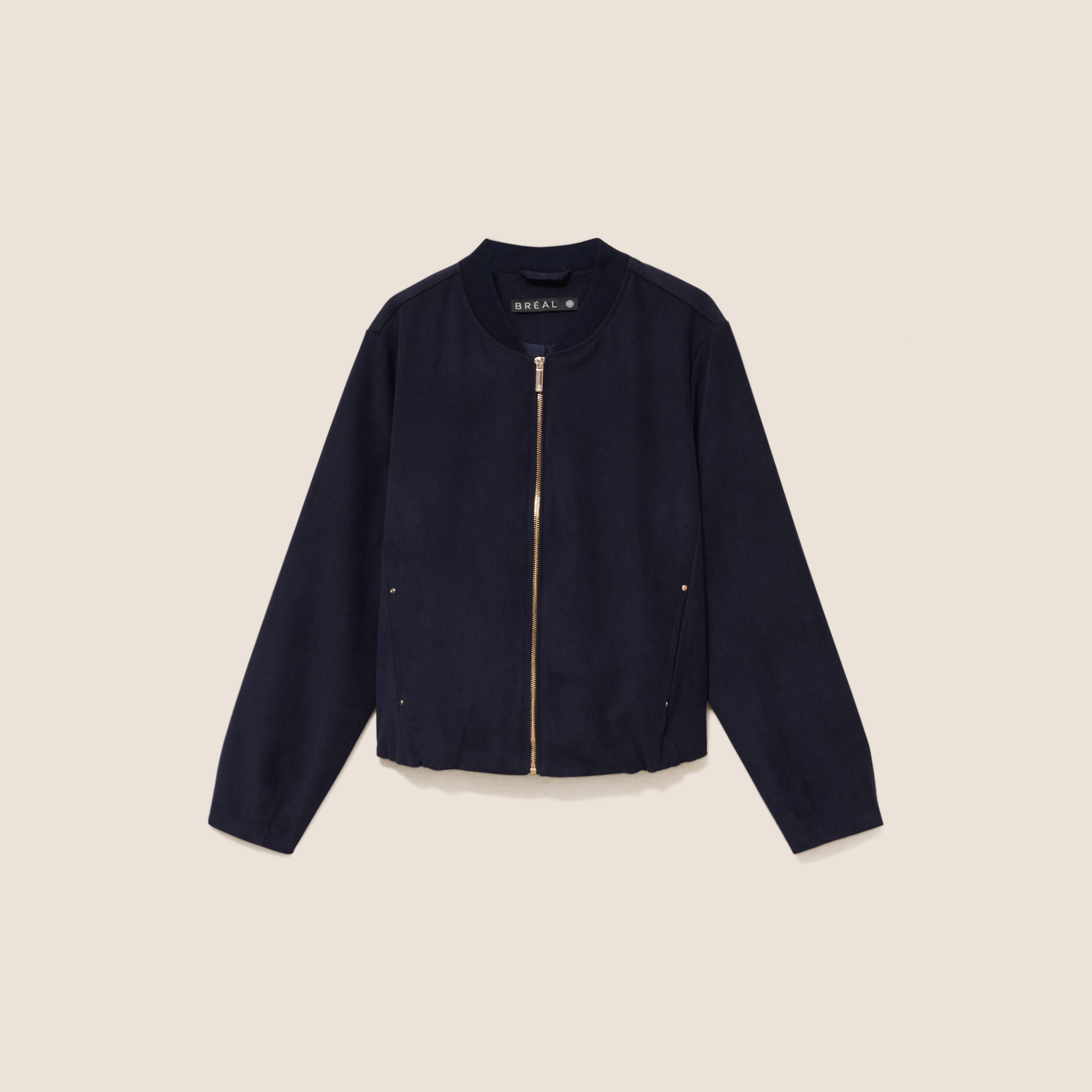 Bomber manches longues en velours doubl&eacute; bleu fonc&eacute; femme