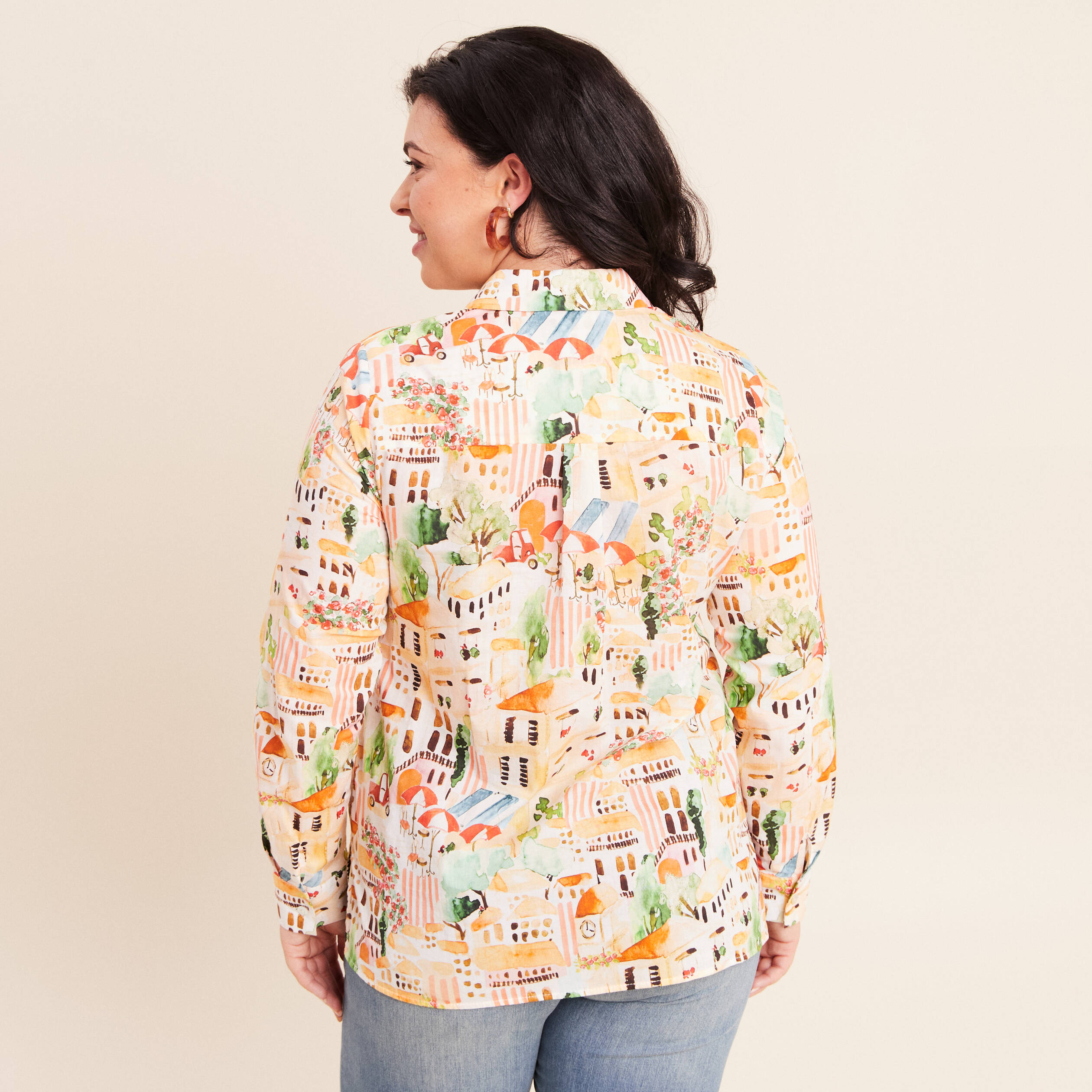 Chemise col am&eacute;ricain manches longues multicolore femme