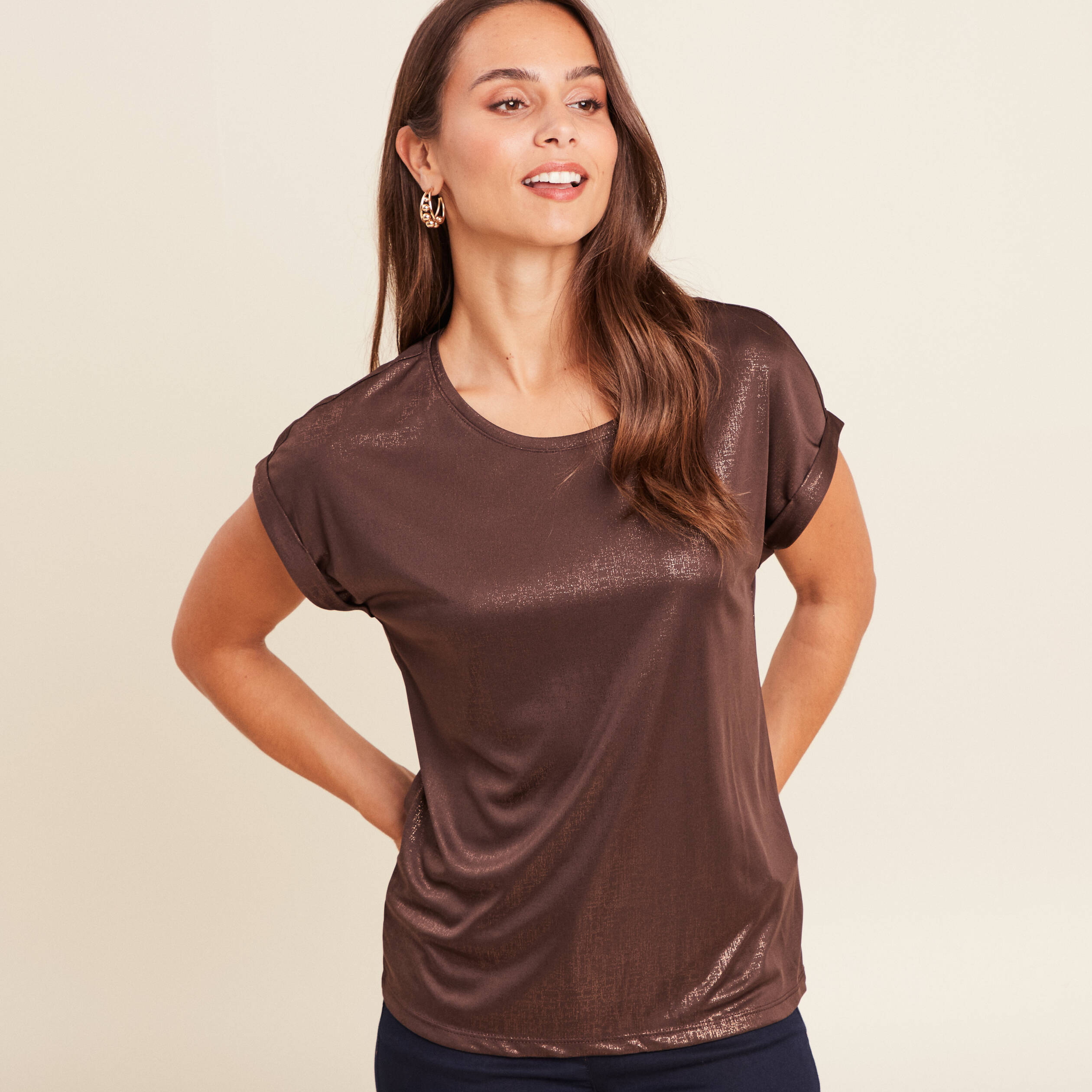 t shirt manches courtes marron femme T-shirt manches courtes marron femme
