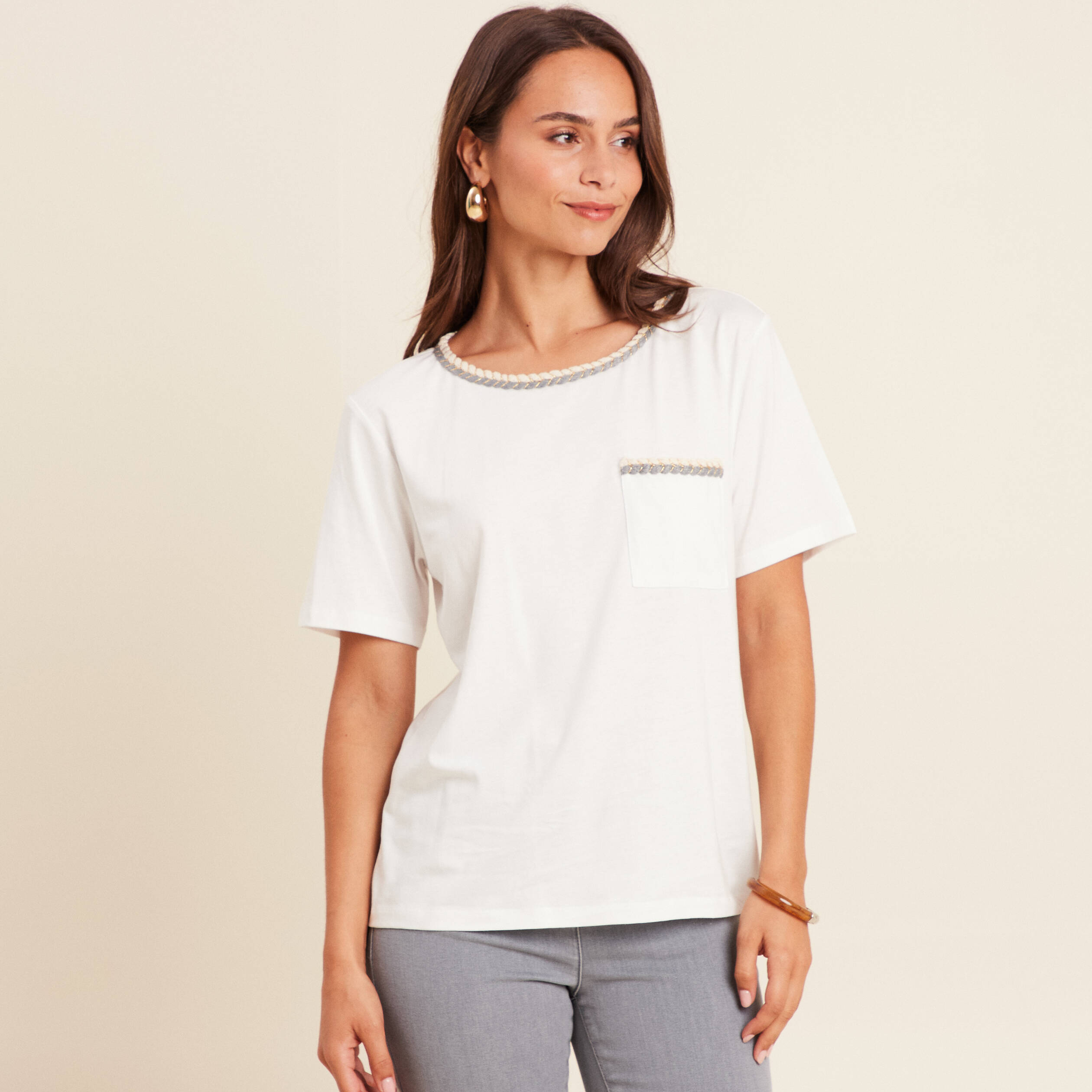 T-shirt col rond manches coudes tressé ecru femme