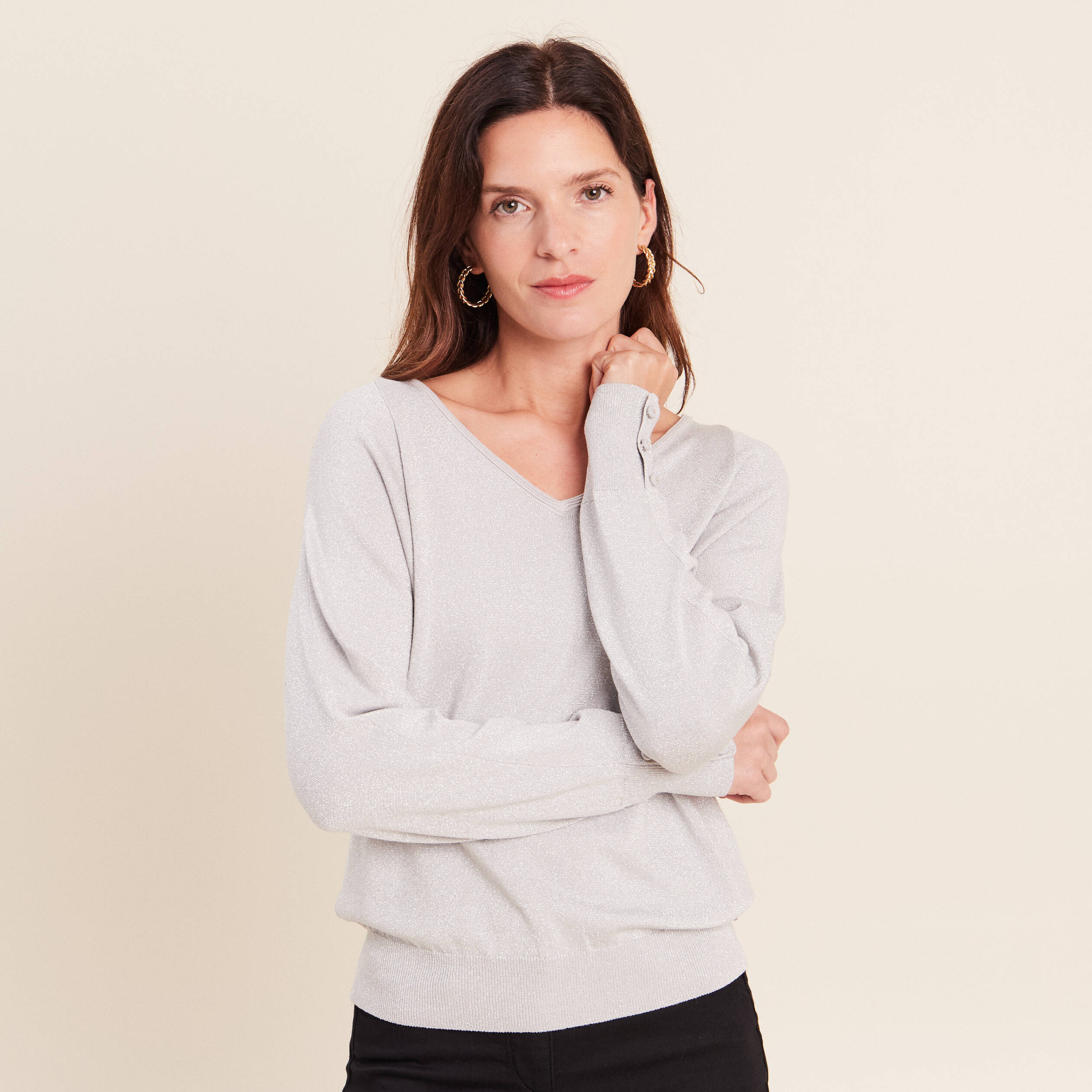 Pull manches longues gris argent femme