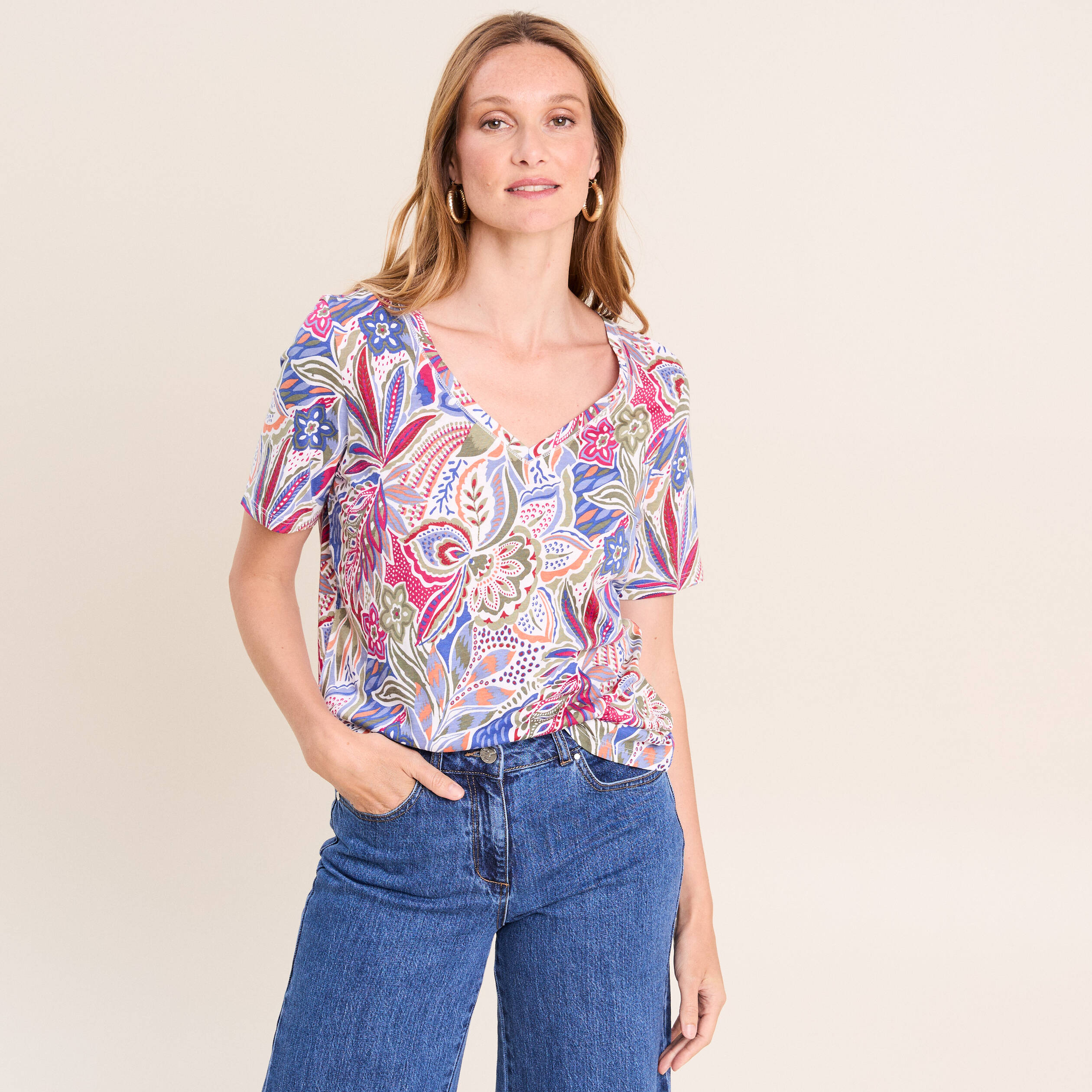 T-shirt col V manches courtes mauve femme