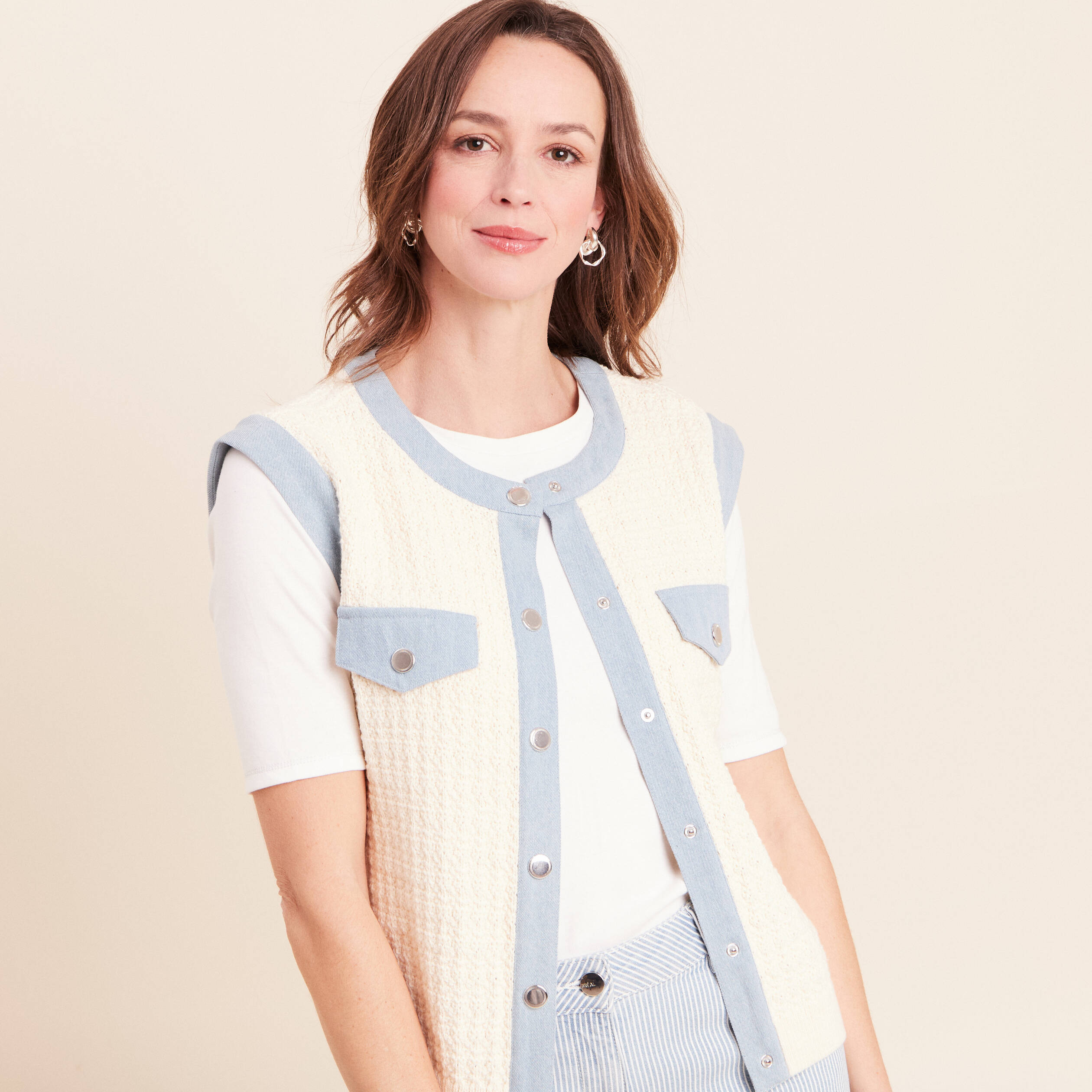Gilet sans manches col rond ecru femme