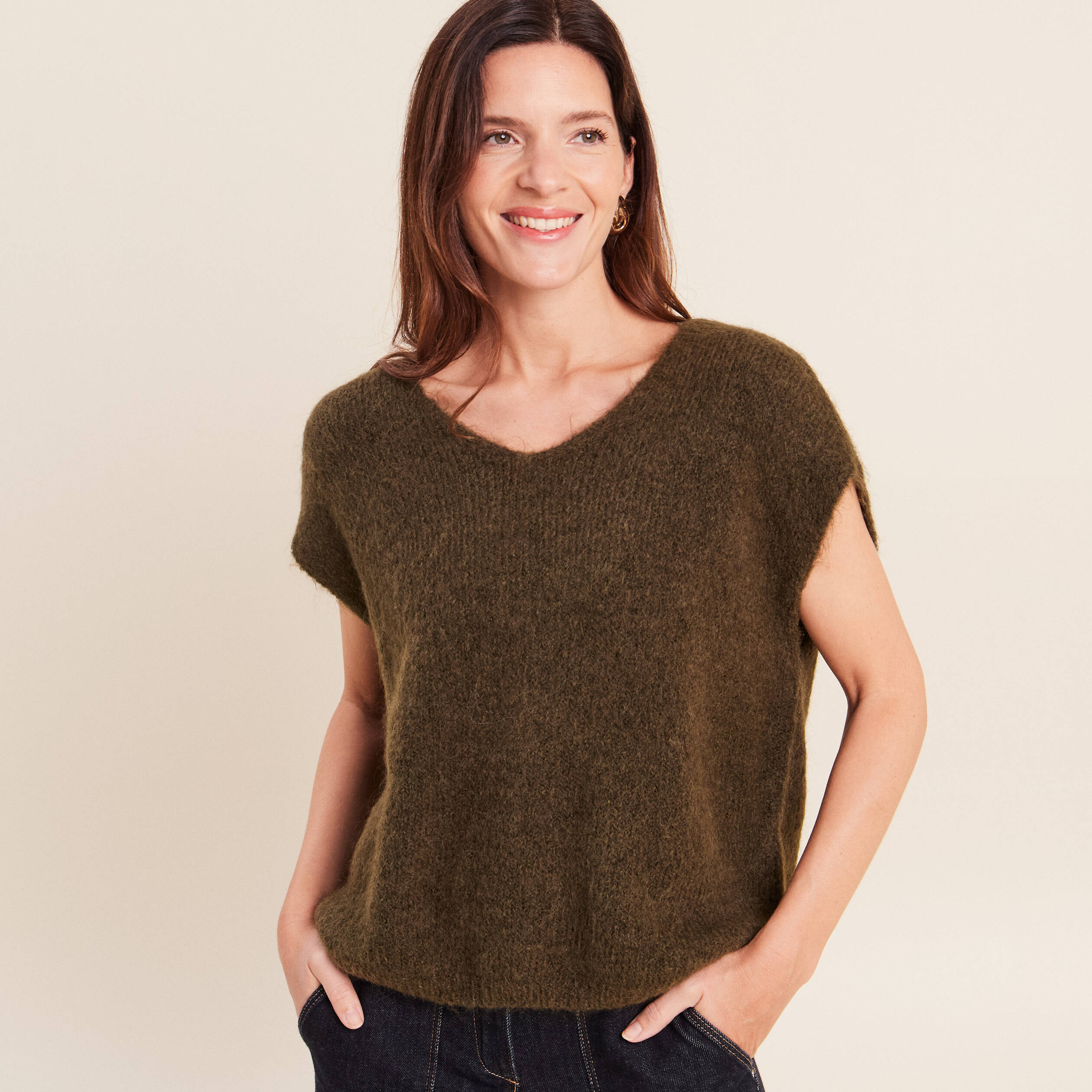 Pull sans manches vert kaki femme