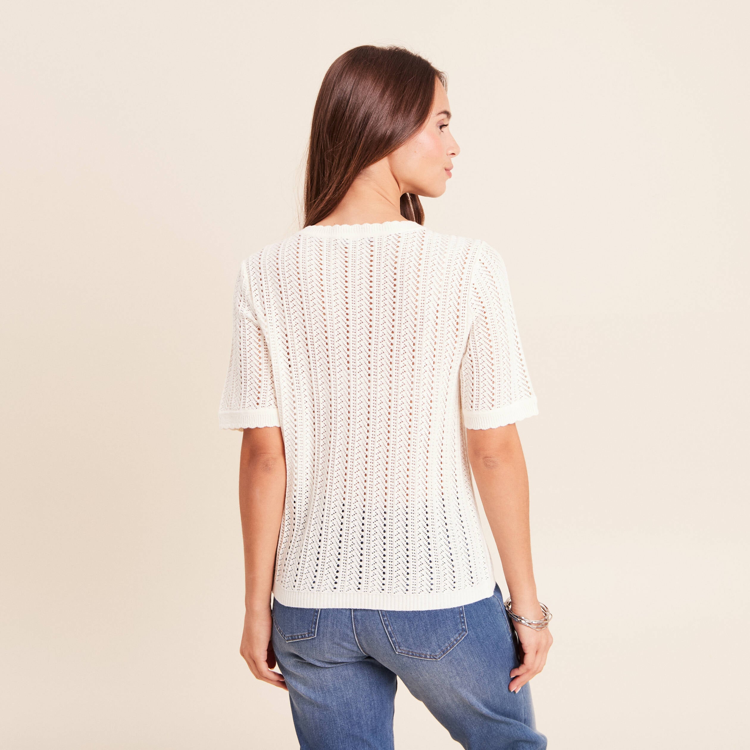 Pull ajour&eacute; col rond ecru femme