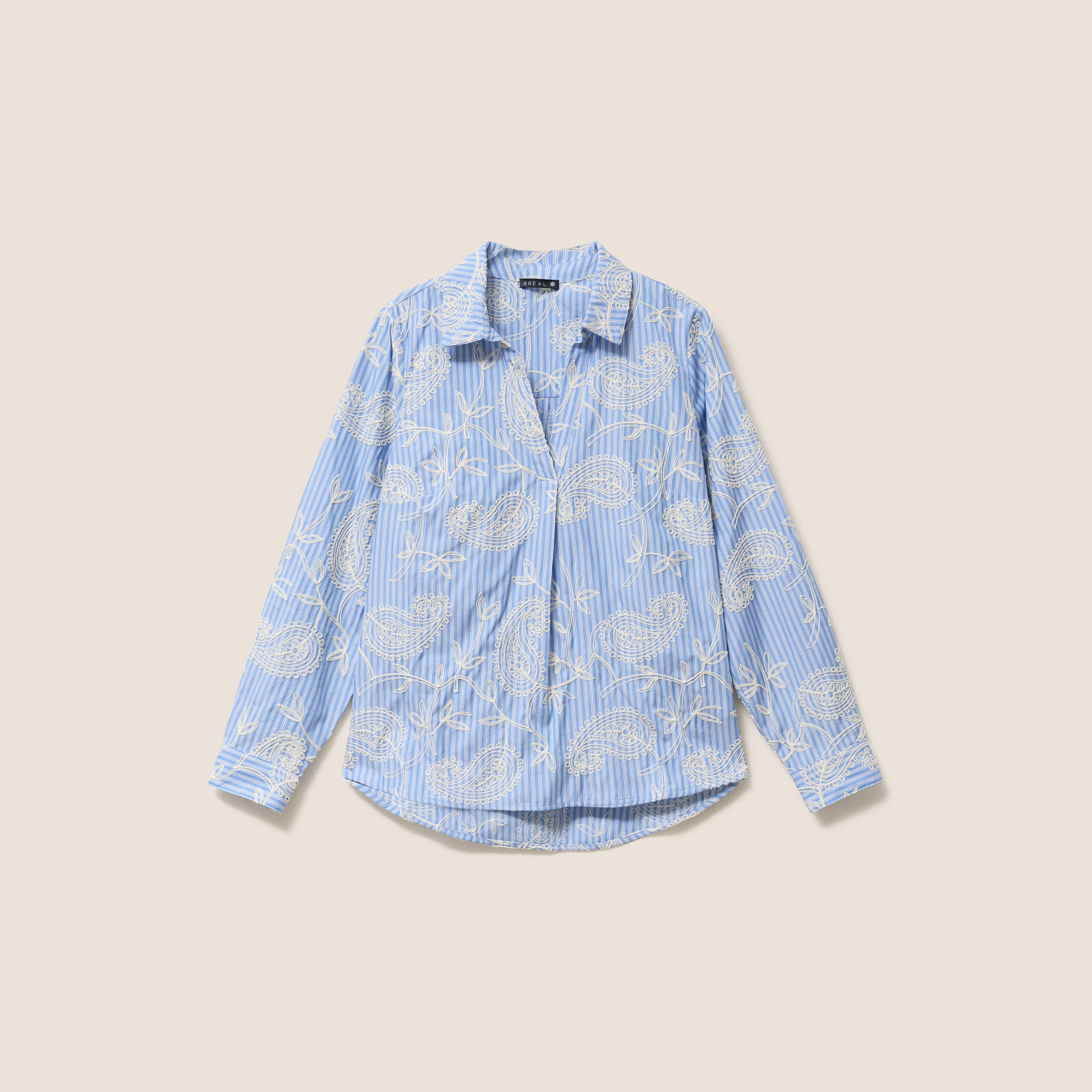 Blouse ample manches longues brod&eacute;e bleu ciel femme