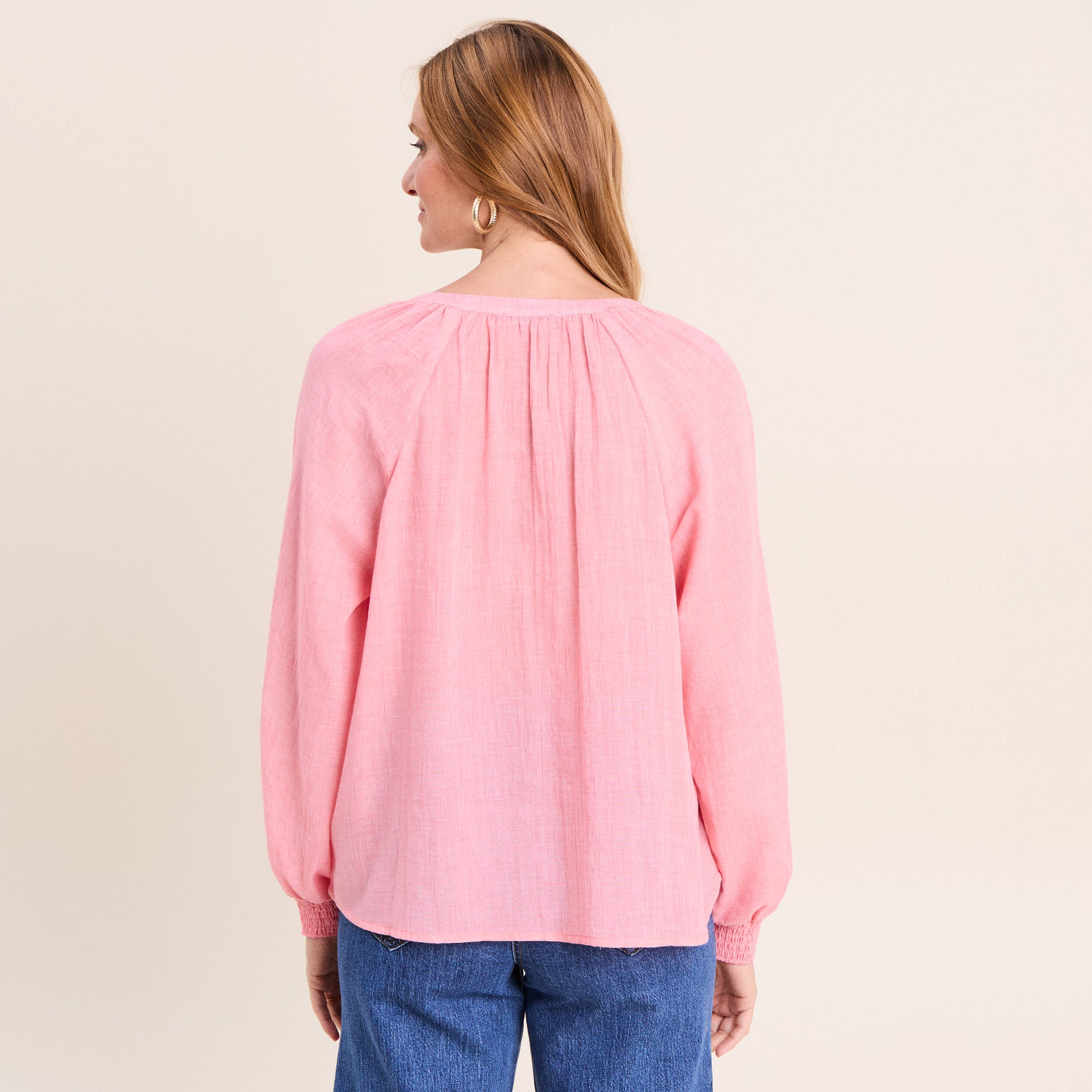 Chemise ample col v manches longues rose femme