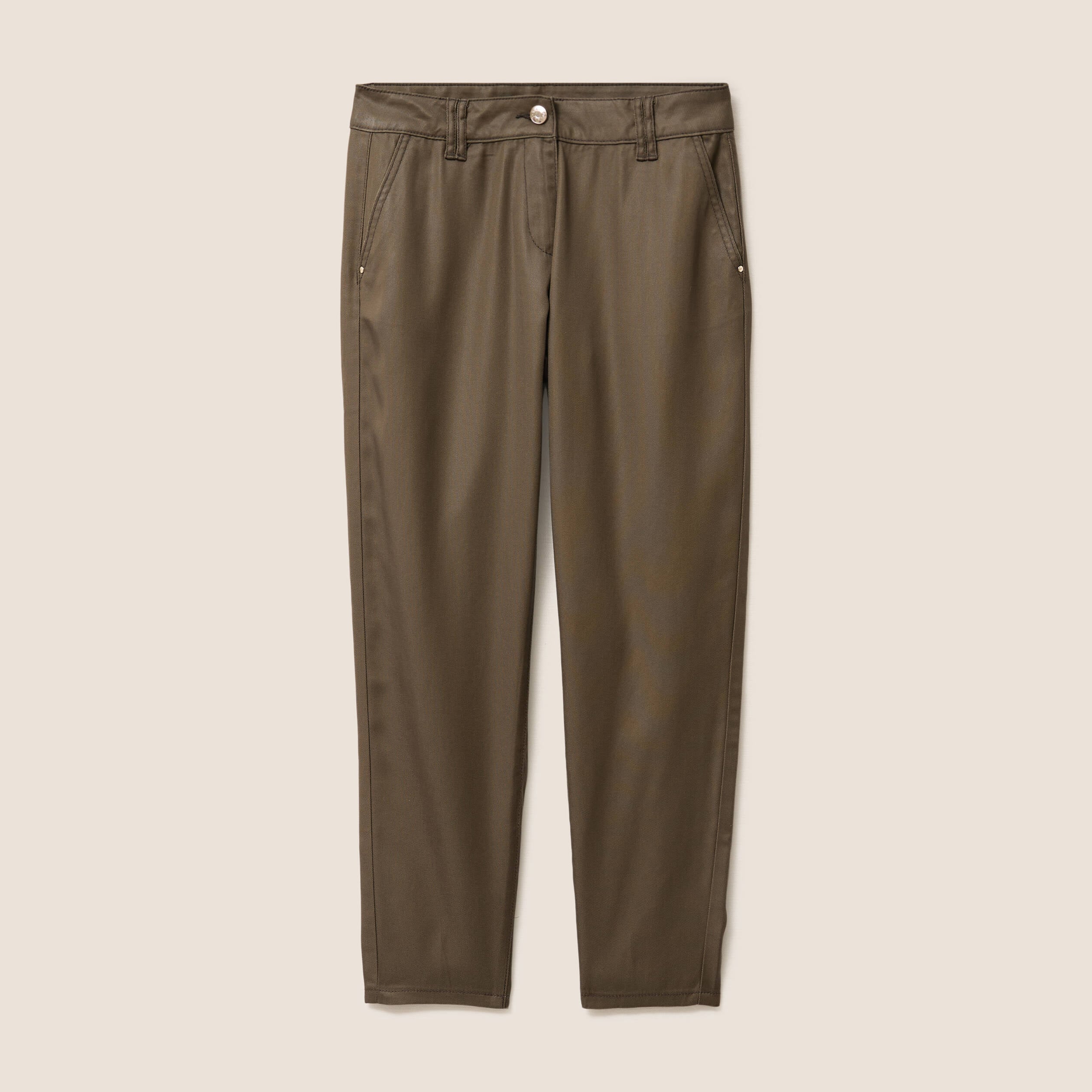 Pantalon coupe chino 7/8&egrave;me effet enduit vert kaki femme