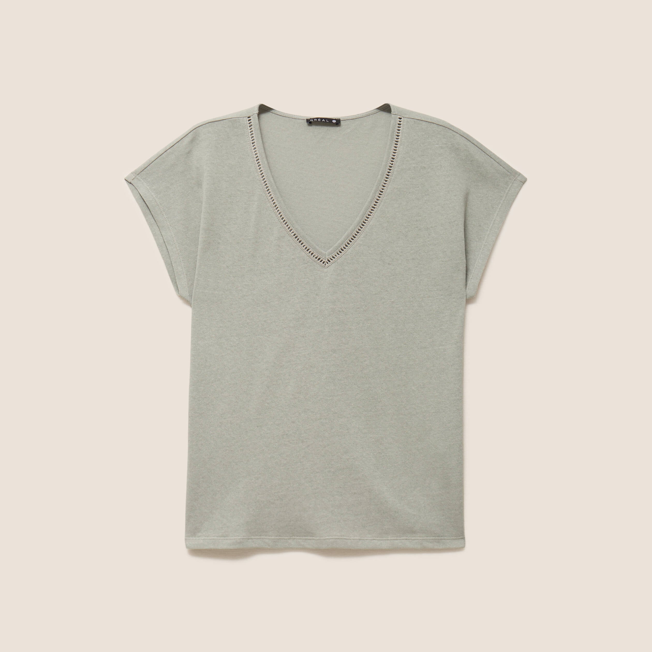 T-shirt col v manches courtes aspect lin vert clair femme